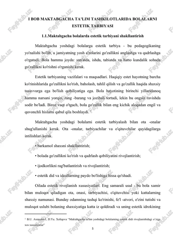 ; • turar joy va bolalar xonasini bezatish, soyalar uyg'unligi, tartib va poklik. maktabgacha ta’lim tashkilotlarida estetik tarbiya usullari haqida. maktabgacha ta’lim tashkilotlarida tarbiyachilar bolalar bilan suhbatlar, ertalabki kechalar, ekskursiyalar va turli tadbirlarni o'tkazadilar. ko'rgazma, teatr va muzeylarni ziyorat qilish ham muhim rol o'ynaydi. havaskorlarning chiqishlarini rag'batlantirish muhimdir. buning uchun siz ijodkorlik darslarini o'tkazishingiz mumkin, bu erda har bir bola faqat o'z tushunchalari va g'oyalariga asoslanib topshiriqni bajarish imkoniyatiga ega. estetik tarbiya-tug'ilishdan boshlanib, inson hayotining oxirigacha davom etadigan uzoq muddatli jarayon. maktabgacha yoshdagi bolalarda estetik tarbiyani shakllantirish – bu murakkab va ko'p qirrali jarayon bo'lib, ularning hissiy-axloqiy dunyosini boyitish, go'zallikni idrok etish va qadrlash, ijodiy qobiliyatlarini rivojlantirishga qaratilgan. bu jarayon bolaning butun hayotiga ta'sir ko'rsatuvchi muhim poydevor yaratadi. samarali estetik tarbiya quyidagi yo'nalishlar bo'yicha amalga oshiriladi: 1. estetik muhit yaratish rang-barang va chiroyli muhit: bolalar bog'chasining ichki bezagi, o'yinchoqlar, mebellar estetik jihatdan yoqimli va rang-barang bo'lishi kerak. tabiat manzaralari, rasmlar, …