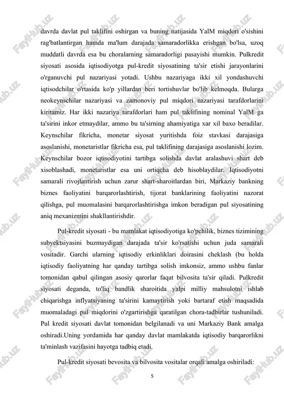 mahsulotni ishlab chiqarishga inflyatsiyaning ta'sirini kamaytirish yoki bartaraf etish maqsadida muomaladagi pul miqdorini o'zgartirishga qaratilgan chora-tadbirlar tushuniladi. pul kredit siyosati davlat tomonidan belgilanadi va uni markaziy bank amalga oshiradi.uning yordamida har qanday davlat mamlakatda iqtisodiy barqarorlikni ta'minlash vazifasini hayotga tadbiq etadi. pul-kredit siyosati bevosita va bilvosita vositalar orqali amalga oshiriladi: 1) bevosita vositalar — moliyaviy institutlardagi moliyaviy aktivlar narxlari (foiz stavkalari)ni yoki ular hajmini to'g'ridan to'g'ri boshqarish orqali olib boriladi. markaziy bank tomonidan tijorat banklaridagi mavjud depozit ko'rinishidagi pullarni hamda ular tomonidan beriladigan kreditlar narxlari va hajmini ham nazoratda tutadi. 2) bilvosita vositalar — markaziy bank tomonidan moliyaviy institutlar resurslarita bozor mexanizmlari (majburiy zahira talablari, ochiq bozordagi operatsiyalar, tijorat banklarini qayta moliyalash va markaziy bankning hisob stavkasi, tijorat banklaridan depozitlarni qabul qilish va boshqalar) orqali iqtisodiyotdagi pul massasiga ta'sir etadi. bulardan tashqari, markaziy bank foydalanadigan vositalarning har biri foiz stavkalarining o'sishiga, kreditlash va qarz olish hajmini kamaytirishga, lozim bo'lganda foiz …