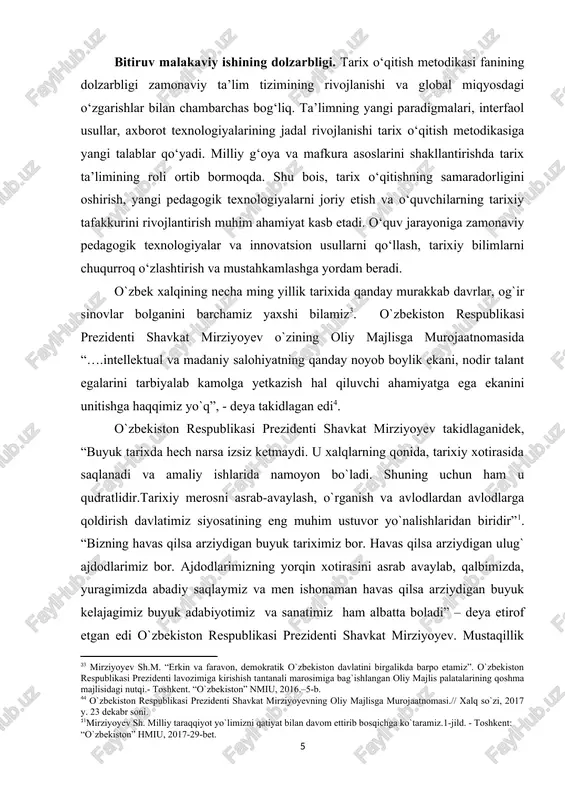 rni rivojlantirish masalalari keng yoritib berilgan. shunga qaramay, o‘zbekiston kontekstida tarix o‘qitish metodikasi ilmiy-redagogik fan sifatida shakllanishi va taraqqiyoti to‘liq o‘rganilmagan. bular qatorida e.z.nuriddinov, sh.sh.zokirov, f.o.ismatullayev “jahon tarixi” (eng yangi davr) darslik[footnoteref:6]2, e.nuriddinov, x.kishkilov “eng yangi tarix” o`quv qo`llanma[footnoteref:7]3, m.usmonov “eng yangi tarix[footnoteref:8]4, sh.ergashev, t.bobomatov, n. tursunov, n.sariqulov, k. ahmedov, sh.shoniyozov, n.saxiyev, u. bobomatov “jahon mamlakatlari[footnoteref:9]5”, m.lafasov “jahon tarixi”[footnoteref:10]6 va boshqa shu kabi asarlar orqali qimmatli ma’lumotlarni bilib olish mumkin. mavjud tadqiqotlar asosan alohida uslublar va texnologiyalarga, o‘quv dasturlarining tahliliga qaratilgan. umumiy metodologik yondashuv va fanning rivojlanish bosqishlari yetarlisha shuqur tahlil qilinmagan. [6: 2 e.z.nuriddinov, sh.sh.zokirov, f.o.ismatullayev “jahon tarixi” (eng yangi davr) darslik-toshkent: “innovatsiya-ziyo”,2019,372b.] [7: 3 e.nuriddinov, x.kishkilov “eng yangi tarix” (1989-2008-yy) o`quv qo`llanma. – toshkent,2010. 576-b] [8: 4 m.usmonov “eng yangi tarix”maruza matni.2013-y.] [9: 5 sh.ergashev, t.bobomatov, n. tursunov,n. sariqulov, k. ahmedov, sh. shoniyozov,n. saxiyev, u. bobomatov “jahon mamlakatlari” qisqa malumotnoma. –t.: “sharq”, 2007-416b.] [10: 6 m.lafasov “jahon tarixi” …