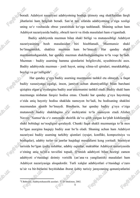 i. masalan, muhammad bin umar ar-roduyoniyning ‘tarjimon ul-balogʻa“, rashididdin vatvotning ‘hadoiq us-sehr fidaqoiqush-sheʼr“, alisher navoiyning ‘mezon ul-avzon“, boburning ‘muxtasar“, husayn voiz koshifiyning ‘badoye ul-afkor fi sanoye-ul-ash’or“, atoulloh husayniyning ‘badoye us-sanoye“, vohid tabriziyning ‘jam’i muxtasar“ kabi asarlarida aruz, qofiya va badiiy sanʼatlar haqida alohida-alohida fikr yuritilgan. sharq adabiy-nazariy taʼlimoti, asosan, sheʼriyat materiallariga asoslangan boʻlib, ularda badiiy nasr, dramaga oid nazariy kuzatishlar uchramaydi. chunki sharq mumtoz adabiyotida badiiy nasr va drama janrlari mavjud emas edi. sharq adabiy-nazariy qarashlari rivojiga abu nasr forobiy ‘kalom fish-sheʼr va al-qavofi“ (‘sheʼr va qofiyalar haqida soʻz“), ‘kitob fil-lugʻot“ (‘til haqida kitob“), ‘sheʼr sanʼati“; ibn sino ‘uyun-al-hikma“ kabi asarlari bilan katta hissa qoʻshdilar. oʻzbek adabiyotshunosligida adabiyot nazariyasiga oid haqiqiy yaxlit ilmiy asar xx asrning 20-yillarida fitrat tomonidan yaratildi. uning ‘adabiyot qoidalari“ kitobida badiiy adabiyotning oʻziga xosligi, ijtimoiy tabiati, adabiy tur va janrlar, syujet, kompozitsiya, badiiy nutq va mahorat masalalari haqida ilk bor yaxlit maʼlumotlar berilgan. abdurahmon saʼdiyning ‘adabiyot …