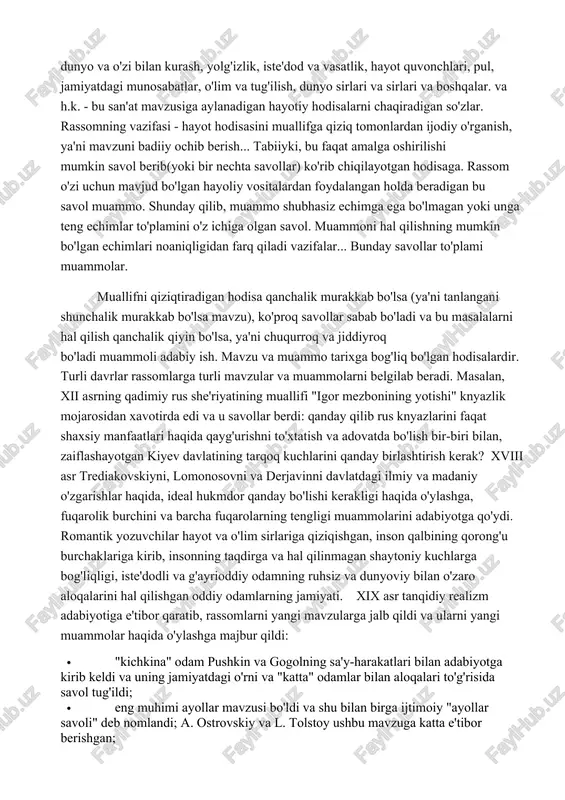bo'ldi va shu bilan birga ijtimoiy "ayollar savoli" deb nomlandi; a. ostrovskiy va l. tolstoy ushbu mavzuga katta e'tibor berishgan; · uy va oila mavzusi yangi mazmun kasb etdi va l. tolstoy tarbiya va insonning baxtli bo'lish qobiliyati o'rtasidagi bog'liqlik mohiyatini o'rgandi; · muvaffaqiyatsiz dehqonlar islohoti va keyingi ijtimoiy g'alayonlar dehqonlarga bo'lgan qiziqishni uyg'otdi va nekrasov tomonidan kashf etilgan dehqonlar hayoti va taqdiri mavzusi adabiyotda etakchi mavqega aylandi va shu bilan savol: rus dehqonlari va taqdiri qanday bo'ladi? barcha buyuk rossiya rivojlanyaptimi? · tarixdagi fojiali voqealar va jamoatchilik kayfiyati nigilizm mavzusini hayotga olib keldi va individualizm mavzusida yangi qirralarni ochdi, ular dostoevskiy, turgenev va tolstoy tomonidan quyidagi masalalarni hal qilishga urinishlarida rivojlandi: yosh avlodni qanday ogohlantirish kerak? radikalizm va tajovuzkor nafratning fojiali xatolari? turg'un va qonli dunyoda "otalar" va "bolalar" avlodlarini qanday yarashtirish mumkin? bugungi kunda yaxshilik va yomonlik o'rtasidagi munosabatni qanday tushunish kerak va ikkalasi ham nimani anglatadi? qanday …