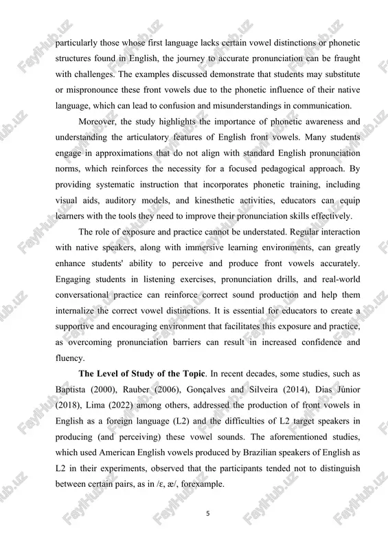studies or classroom implementation. the scientific novelty of the graduation project. while general studies on english vowel pronunciation difficulties exist, this research zeroes in on the particular challenges faced by uzbek students, whose native language phonology differs significantly from english. this specificity allows for a deeper understanding of the l1 interference at play. the thesis could provide a granular analysis of the types and frequency of errors, going beyond simple identification to explore the phonetic details of the mispronunciations. this might involve acoustic analysis of the students' speech, providing quantifiable data on the deviations from target pronunciation. investigating the interplay between front vowel pronunciation errors and other aspects of english phonology, such as stress, intonation, or connected speech phenomena, could reveal new insights into the learner's interlanguage development. the thesis could propose and empirically evaluate specific pedagogical interventions designed to address the identified pronunciation challenges. this would contribute to evidence-based …