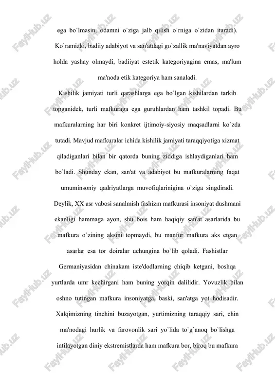 niq maqsad sari yo`naltirishda muhim ahamiyat kasb etadi. shu bois ham mustaqillikka erishgan o`zbeksiton sharoitida milliy mafkurani ishlab chiqish va ommalashtirish masalasi davlat siyosati maqomidagi tadbir, kun tartibidagi eng dolzarb masalaga aylanadi. zero, milliy mafkura o`zbekistonning buyuk kelajagini yaratish, dunyo sahnasida buyuk ajdodlarimiz va buyuk kelajagimizga munosib o`rinni egallashimizda hal qiluvchi omillardan biridir. shunday ekan, milliy mafkurani ishlab chiqish va ommalashtirish ishida faol qatnashishga badiiy adabiyot ham burchlidir. taassufki, sho`ro davrida kommunistik mafkuraga xizmat qilgan ijodkorlar va ular yaratgan asarlar taqdiridan o`zicha saboq chiqargan ayrim kishilarda adabiyot va mafkura munosabati masalasida biryoqlama xulosalar paydo bo`lib ulgurdi. natijada ayrimlar "adabiyot mafkuradan holi bo`lishi kerak", "adabiyot mafkuraga xizmat qilmasligi kerak" qabilidagi sirtdan jozibali va to`g`ridek ko`rinadigan, haqiqatda esa xato fikrlarni oldinga suradilar. bizningcha, bu xil fikrlarning paydo bo`lishiga sabab shuki, ular mafkura va adabiyot munosabatining "sovetcha" ko`rinishidan boshqacha munosabat, to`g`ri asosdagi munosabat mavjud bo`lishi mumkinligini tasavvur qilolmaydilar. holbuki, adabiyot bilan mafkura orasida …