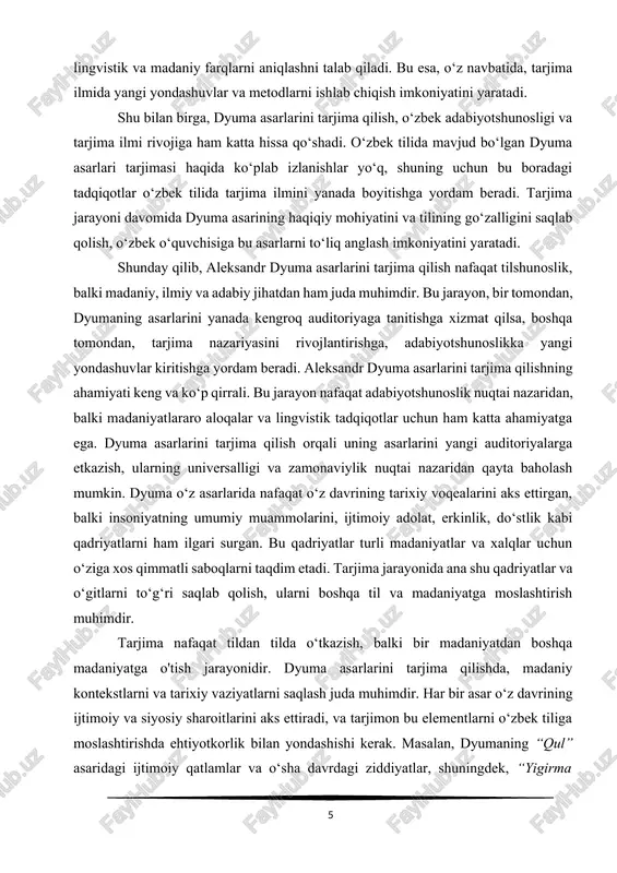 ini aks ettirgan, balki insoniyatning umumiy muammolarini, ijtimoiy adolat, erkinlik, do‘stlik kabi qadriyatlarni ham ilgari surgan. bu qadriyatlar turli madaniyatlar va xalqlar uchun o‘ziga xos qimmatli saboqlarni taqdim etadi. tarjima jarayonida ana shu qadriyatlar va o‘gitlarni to‘g‘ri saqlab qolish, ularni boshqa til va madaniyatga moslashtirish muhimdir. tarjima nafaqat tildan tilda o‘tkazish, balki bir madaniyatdan boshqa madaniyatga o'tish jarayonidir. dyuma asarlarini tarjima qilishda, madaniy kontekstlarni va tarixiy vaziyatlarni saqlash juda muhimdir. har bir asar o‘z davrining ijtimoiy va siyosiy sharoitlarini aks ettiradi, va tarjimon bu elementlarni o‘zbek tiliga moslashtirishda ehtiyotkorlik bilan yondashishi kerak. masalan, dyumaning “qul” asaridagi ijtimoiy qatlamlar va o‘sha davrdagi ziddiyatlar, shuningdek, “yigirma yildan keyin” asaridagi shaxsiy erkinlik va do‘stlik obrazlari o‘quvchiga tanish bo‘lgan ma'no qatlamlarini yaratishda muhim rol o‘ynaydi. bunday tarjimalar faqat tilni o‘zgartirish emas, balki o‘sha davrning ma'naviy va ijtimoiy talqinlarini ham saqlashni ta'minlaydi. shuningdek, dyuma asarlarini tarjima qilish jarayonida yuzaga keladigan til o‘zgarishlari va sintaktik xususiyatlar …