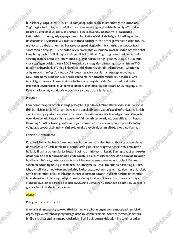 tug‘ilgan bolalarda esa 12-13 kunlarida barmog‘idan olingan qon tomchisidan ttg miqdori aniqlaniladi. ttgning baland bo‘lishi gipoterioz darajasini ko‘rsatadi. gipoterioz aniqlangandan so‘ng o‘z vaqtida o‘rinbosar terapiya boshlash maqsadga muvofiqdir. davolashdan maqsad qondagi tireoid gormonlarni normallashtirish keyinchalik ttg va tereoid gormonlarni konsentratsiyasini barqaror saqlab turish. bu maqsadda sintetik tiroksinlar levotiroksin bilan davo qilinadi. uning boshlang‘ich dozasi 10-15 mkg/kg/sutka. keyinchalik doimiy kuzatuvda o‘zgarishlarga qarab doza tanlanadi. prognozi: o‘rinbosar terapiya boshlash vaqtiga bog‘liq. agar davo 1-2 haftalarda boshlansa psixik va fizik buzilishlar to‘liq tiklanadi. davogacha qanchalik uzoq vaqt o‘tsa oligofreniya rivojlanish xavfli va uning og‘irlik darajalari ortib boradi. gipoterioz sintetik tireoid gormon bilan juda oson davolanadi. faqat uning dozasini to‘g‘ri tanlash va doimiy nazorat qilib turish kerak. davoning 1-haftasidayoq gipoterioz regressi kuzatiladi. bir necha oyda simptomlar to‘liq yo‘qoladi. levotiroksin natriy, sintroid, levoksil, levotroidlar amaliyotda ko‘p qo‘llaniladi. ushlab turuvchi davosi: ko‘pchilik bemorlar tireoid preparatlarni butun umr ichishlari kerak. shuning uchun ularga dozasini aniq qo‘llash kerak. …
