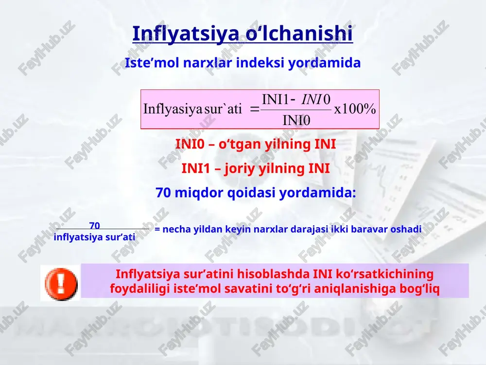solish; tartibga solish. inflyatsiyaning yugori sur’atlarini oldini olish uchun hukumat quyidagilarni ta’minlashi kerak: samarali soliq tizimini va davlat xarajatlarining bagarorligini; pul massasi va milliy daromadning bir maromdagi o‘sish sur’atlarini; inflyatsiyani import qilishga yo'l qo‘ymaslik. \