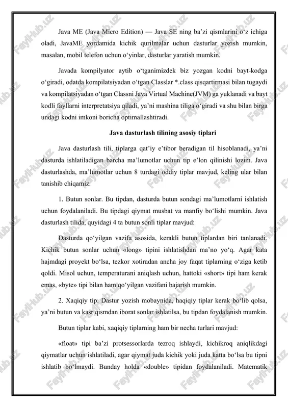 rli) bo‘lishi lozim, keyinchalik kodlarni ochib ko‘rganda qanday identifikatorligini darhol bilish mumkin bo‘lsin. identifikatorga nom berganda quyidagi qoidalarga rioya qilish lozim: - identifikator nomlari harflardan, sonlardan, chiziqlardan va «$» dan iborat bo‘lishi mumkin; - o‘zgaruvchi nomlarining bosh harfi, harflardan, chiziqlardan yoki «$» belgisidan boshlanishi mumkin, lekin raqamlardan boshlanmasligi lozim, kompilyator son va identifikatorni almashtirib yuborishi mumkin; - identifikator uzunligi istaganingizcha bo‘lishi mumkin, xohlasangiz 100ta simvol. - java tili registrga bog‘liq bo‘lib, bu o‘zgaruvchiga ham ta’sir qilgan, ya’ni «var» bilan «var» identifikatori har xil o‘zgaruvchidir; - identifikator zahiralangan so‘zlardan foydalanmaslik lozim(abstract, assert, boolean, break, byte, case, catch, char, class, const, continue, default, do,double, else, enum, extends, final, finally, float, for, goto, if, implements, import, instanceof, int, interface, long, native, new, package, private, protected, public, return, short, static, strictfp, super, switch, synchronized, this, throw, throws, transient, try, void, volatile, while). bu so‘zlarni iloji boricha hammasi bilan maqolalar davomida tanishib chiqamiz. undan tashqari, …