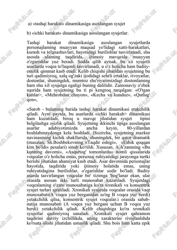 tlami tabiiy ravishda kiritish, badiiy matnga singdirib yuborish mumkin. sanalgan xususiyatlarni, masalan, s.ayniyning «qullar», p.qodirovning dagi muqaddima, «kecha va kunduz»dagi bahor lavhasi - prolog, «o'tgan kunlar» romanidagi otabekning qabristondzaynab bilan to'qnash kelishi -epilog, unmg keyingi hayoti haqidagi ma'lumotlar «keyingi tarix» sifatida olinishi mumkin. adabiyotshunoslikda «syujet» va «fabula» istilohlarini ishlatishda turlichalik bor: ayrim adabiyotshunoslar bu ikki istilohni sinonim sifatida ishlatsalar, boshqalari farqlaydi. xususan, rus formal maktabi vakillari «fabula» deganda, asarda tasvirlangan voqealarning hayotda yuz berish tartibini, «syujet» deganda esa ularning asarda joylashtirilish tartibini tushunadilar. voqealarning hayotda yuz berish tartibi bilan ularning asarda joylashtirilish tartibini farqlash badiiy asar qurilishini o'rganishda muhim ahamiyat kasb etadi. biz ham o'z ishimizda buni farqlagan holda, istilohiy chalkashliklardan qochish maqsadida voqealarning asarda joylashtirilish tartibini «syujet kompozitsiyasi» deb yuritamiz. ma'lumki, badiiy asarlarda ko'pincha voqealarning hayotda yuz berish tartibi o'zgartiriladi. albatta, bunda yozuvchi muayyan badiiy�estetik maqsadni ko'zlaydi. masalan, «o'tgan kunlar» romanidagi voqealarning hayotda yuz berish tartibi nuqtai nazaridan otabek …