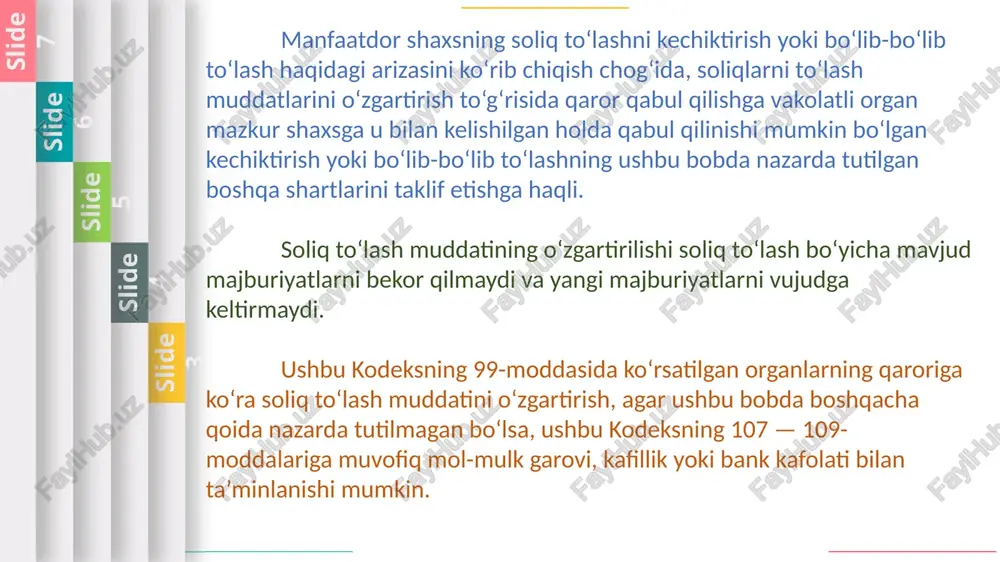 gan soliqlar bo‘yicha — bojxona to‘g‘risidagi qonunchilikda belgilangan tartibda bojxona organlari (bundan ushbu moddaning ikkinchi qismida nazarda tutilgan hollar mustasno). o‘zbekiston respublikasi vazirlar mahkamasi soliq to‘lovchiga ushbu kodeksning 17-moddasida ko‘rsatilgan har qanday soliq bo‘yicha kechiktirish yoki bo‘lib-bo‘lib to‘lash imkoniyatini uch yilgacha muddatga berishga haqli. o‘zbekiston respublikasi vazirlar mahkamasi kechiktirish yoki bo‘lib-bo‘lib to‘lash imkoniyatini berishda ushbu kodeks 98-moddasining birinchi qismida belgilangan cheklovlardan chetga chiqishga haqli. 2012 2013 2014 2015 2016 2017 soliqlarni to‘lashni kechiktirish yoki bo‘lib-bo‘lib to‘lash imkoniyatini berish shartlari soliqni to‘lash bo‘yicha muddatni kechiktirish yoki bo‘lib-bo‘lib to‘lash imkoniyati manfaatdor shaxsga, basharti uning moliyaviy ahvoli ushbu soliqni belgilangan muddatda to‘lash imkonini bermasa, biroq ko‘rsatilgan shaxsda bunday soliqni kechiktirish yoki bo‘lib-bo‘lib to‘lash uchun berilgan muddat mobaynida to‘lash imkoniyati yuzaga keladi deb taxmin qilish uchun yetarlicha asoslar mavjud bo‘lsa, berilishi mumkin. soliq to‘lashni kechiktirish yoki bo‘lib-bo‘lib to‘lash imkoniyati manfaatdor shaxsga quyidagi asoslardan loaqal bittasi mavjud bo‘lgan taqdirda berilishi mumkin: 1) ushbu shaxsga tabiiy …