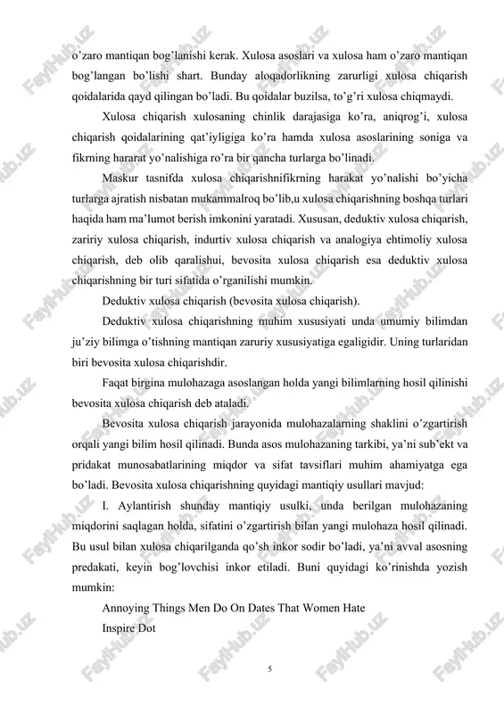 lar bilan chambarchas bogʻliq. ontologiya bilan bogʻliq asosiy masala mantiqdan foydalanish bilan bogʻliq ontologik majburiyatlarga taalluqlidir, masalan;;alohida atamalar va ekzistensial kvantlar bilan. matematikadagi muhim savol-barcha matematik haqiqatlarni toʻplamlar nazariyasi bilan birga mantiq aksiomalariga asoslash mumkinmi? boshqa tegishli sohalarga kompyuter fanlari va psixologiya kiradi. xulosa chiqarish deb, bir va undan ortiq chin mulohazalardan ma'lum qoidalar yordamida yangi bilimlarni keltirib chiqarishdan iborat bo’lgan tafakkur shakliga aytiladi. xulosa chiqarishning asosiy mohiyati ma’lum bilimlar asosida noma’lum bilimlarni keltirib chiqarishdir. ya’ni xulosa chiqarish orqali biz borliqning bizga ma’lum jihatlari orqali uning noma’lum jihatlari haqida bilim hosil qilamiz.xulosa chiqarish jarayoni asoslar, xulosa va asoslardan xulosaga o’tishdan tashkil topadi. to’g’ri xulosa chiqarish uchun, avvalambor, asoslar chin mulohazalar bo’lishi, o’zaro mantiqan bog’lanishi kerak. xulosa asoslari va xulosa ham o’zaro mantiqan bog’langan bo’lishi shart. bunday aloqadorlikning zarurligi xulosa chiqarish qoidalarida qayd qilingan bo’ladi. bu qoidalar buzilsa, to’g’ri xulosa chiqmaydi. xulosa chiqarish xulosaning chinlik darajasiga ko’ra, aniqrog’i, xulosa chiqarish qoidalarining …