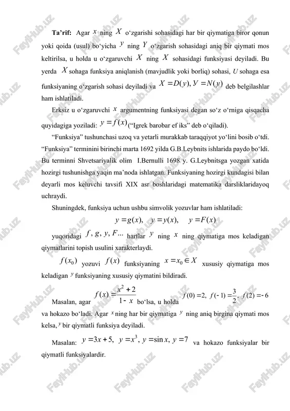 lanish sifatida qarasak, u holda funksiyaning aniqlanish sohasi barcha musbat sonlardan iborat bo‘ladi. 2 – misol bu yerda . ravshanki, qo‘shimcha shartga asosan bu funksiyaning aniqlanish sohasi: nurdan iborat bo‘ladi, agarda qo‘shimcha shart berilmaganida, bu funksiyaning aniqlanish sohasi hamma haqiqiy sonlar to‘plamidan iborat bo‘ladi. ko‘p hollarda analitik holda berilgan funksiyaning aniqlanish sohasi ochiq ko‘rsatilmaydi, bunday hollarda funksiyaning aniqlanish sohasi ifodaning aniqlanish sohasi bilan, ya’ni ifoda o‘z ma’nosini saqlaydigan, ma’lum chekli haqiqiy qiymatga ega bo‘ladigan ning qiymatlari bilan bir xil bo‘ladi. funksiyaning aniqlanish sohasini topishga doir misollarni qaraymiz. 1-misol. ifoda ning ixtiyoriy qiymatida ma’noga egaligi uchun, berilgan funksiyaning aniqlanish sohasi - barcha haqiqiy sonlar to‘plamidan iborat bo‘ladi. 2 – misol. . ma’lumki, kasr ma’noga ega bo‘lishi uchun uning mahraji noldan farqli bo‘lishi kerak, u holda ifoda. ning maxrajni 0 ga aylantiradigan qiymatlaridan, ya’ni dan boshqa, barcha qiymatlaridan aniqlangan. demak, bu funksiyaning aniqlanish sohasi: . 3-misol. funksiyaning aniqlanish sohasini toping. yechilishi: kvadrat …