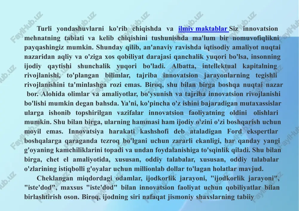 mumkin, shuning uchun ular ushbu jarayonlarni amalga oshirishga qiziqmasliklari mumkin; avtomatlashtirish va mexanizatsiyalash ma'lum bir tarzda asrab olishda shaxsiy omilning qashshoqligiga olib keladi boshqaruv echimlari, ularni ko'proq ob'ektiv, xolis qiling; ichki kognika naqshlari innovatsion ijodiy faoliyatda eng muhimdir, ijodiy jarayon to'g'ridan-to'g'ri innovatorlar ish haqini istash, ilg'or, ilm-nayranglarga e'tibor berish istagi, chunki u boshqa takliflarga e'tibor bermaydigan, uni boshqa takliflar bilan ta'minlash, uni ilmni qondirish uchun uni boshqa takliflar bilan belgilaydi. shunday qilib, innovatsion ish o'z faoliyatini amalga oshiradi. xelvetiyning ta'kidlashicha, daho har doim biron bir istaklarga befarqona ta'sir ko'rsatadigan kishining shon-sharafni istakni taklif qiladi, bu uning istaklarini faqat ilmga moyil qiladi. xodimlarning innovatdor rag'bat tizimini yanada sifatli baholash va shakllantirishni ta'minlash maqsadida xodimlarning innovatsion faoliyatini tahlil qilishda ularni turli xil turdagi ijod (ijod) ajratish muhimdir. mana, xususan, xodimlarning quyidagi asosiy toifalari ta'kidlash mumkin: ishqibozlar (an'anaviy usullardan foydalanish, ammo alohida bag'ishlanish, shuningdek norasmiy yondashuvlar bilan, shuningdek, amaldagi xodimlar qurbonliklar keltirishi mumkin …