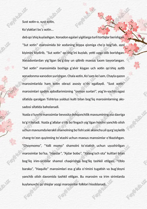 farzand uchun o‘tkaziladi va u tantanali kechadi. ba'­zan oilaning moddiy turmush darajasi bilan bog‘liq xolda bu tartib o‘zgarishi xam mumkin. nikoh to‘ylari folklori. uzbek to‘y marosimlari sirasida nikox to‘ylari rasm-rusmlarga, irim-sirim-larga boyligi, folklor materialining rang-barang-ligi bilan aloxchida ajralib turadi. bunday rang-ba-ranglik hamda ko‘tarinki ruh marosimning maqsad va vazifasi bilan — insonping o‘z hayotining yangi davri-ga qadam qo‘yishini alohida quvonch orqali nishonla-shi bilan bog‘liqdir. haqikatan xam, nikoh to‘yi yigit va qizlar hayotida ro‘y beradigan eng baxtli, eng unu-tilmas marosim sanaladi. chunki mana shu marosimdan so‘ng ular xayotga boshqacha ko‘z bilan, ya'ni ham jismonan, ham ma'nan kamolotga erishgan kishilar ko‘zi bilan qaraydilar. motam marosimi folklorining katta qismini yig‘i va yo‘qlovlar tashkil etadi. yig‘ilar, odatda, dafn marosimi kunidan boshlab to «uch» yoki «etti» marosimigacha azadorlar yoki maxsus yollangan yig‘ichi (go‘yanda yoki nahvagar) tomonidan azaxonaga ta'ziya bildirib kelganlar oldida yig‘i bilan ritual ijro qilinadi. yig‘i matnlari qat'iy turg‘unlikka ega bo‘lmaydi. ular, odatda, bir martalik …