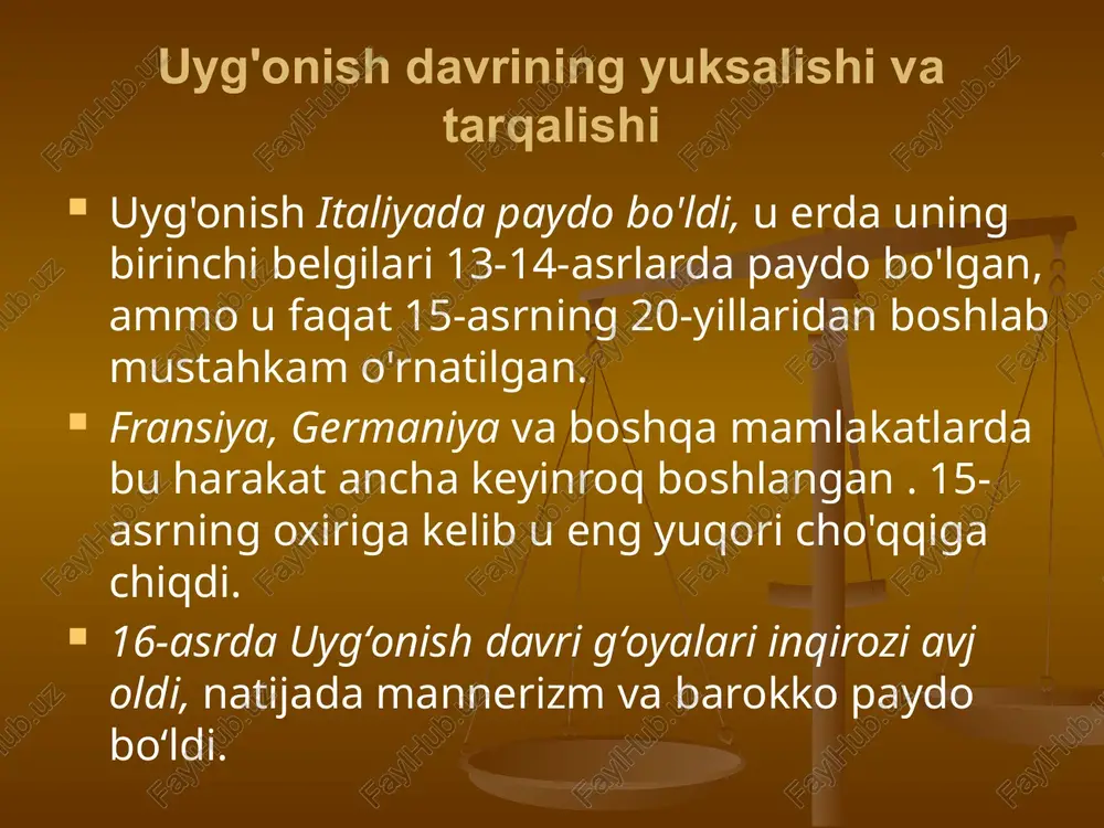 ma bilan to'ldirilgan qisqa hikoyalar kitobi. italiya jamiyatining odatlari uyg'onish davrining ahamiyati uyg'onish davrining asosiy natijasi va asosiy yutug'i - bu tasdiq faol inson shaxsiyati, uning optimistik ijodiy salohiyati insoniyatning ko'plab buyuk yutuqlariga olib kelgan boshlang'ichlar, qulayliklar, qulaylik va hayot sifatini yaxshilash - 15-asrning oxiriga kelib. yaxshi rozi emas o'rta asrlar madaniyati va hayotining an'anaviy asoslari bilan, aylanib ketish xavfi bor u bilan keskin ziddiyat va o'rta asrlar butunligi bilan to'liq tanaffus. bularning barchasi uyg'onish davrining qarama-qarshiliklarini yanada kuchaytirdi ular uyg'onish davri shaxsining o'zida ham, o'rtasida ham eng keskin to'qnashuvga aylandi davrning madaniy qatlamlari, lekin ayni paytda uyg'onish davri turtki bo'ldi yangi madaniyat - yangi davr madaniyatini yaratish. etiboringiz uchun rahmat image1.jpeg image2.jpeg image3.jpeg image4.jpeg image5.jpeg image6.jpeg image7.jpeg dahman ahapeeb