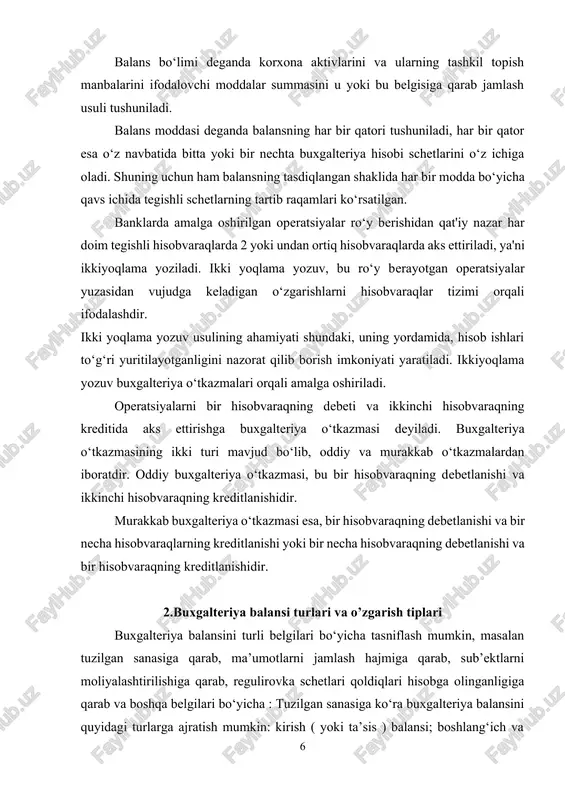 balansi keyingi davr uchun boshlang‘ich balans bo‘lib hisoblanadi. · tugatish balansi – korxona tugatilishi sanasiga tuzilgan balans. · birlashtirish balansi – ikki va undan ortiq korxonalar bir biri bilan qo‘shilganda qo‘shilish sanasiga tuzilgan balans. · ajratish balansi – bu korxona ixtiyoridan mustaqil boshqa korxona ajralib chiqganda bir – biriga mablag‘larni topshirish va qabul qilish sanasiga tuzilgan balans. ma’lumotlarni jamlash darajasiga ko‘ra balans yig‘ma va alohida balans turlariga bo‘linadi. · yig‘ma balans - bu bir tizim korxonalari balanslari moddalarini gorizontal holda jamlash natijasida tuzilgan balans, masalan trest, konsern, kompaniya, vazirlik va shu kabi yuqori organlar tomonidan tuzilgan balans. · alohida balans –bu har bir ho‘jalik yurituvchi sub’ekt tomonidan tuzilgan balans. subektlarni moliyalashtirilishiga qarab balans bir biridan tubdan farq qiladigan davlat byudjetidagi muassasalar balansi va xo‘jalik yurituvchi sub’ektlar balansiga bo‘linadi. hisob ma’lumotlarini jamlash sikllariga ko‘ra sinov balansi, tuzatilgan sinov balansi va oxirgi yakuniy balans turlarini ajratish mumkin. · sinov balansi – bu …