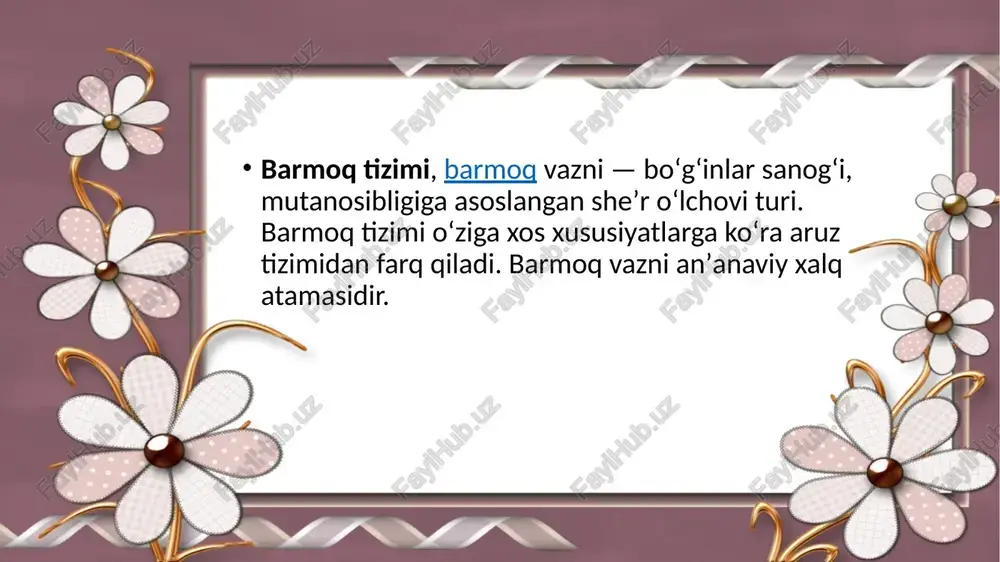 aruz, barmoq, erkin vazndagi she`rlarini ifodali o`qish. - Page 5