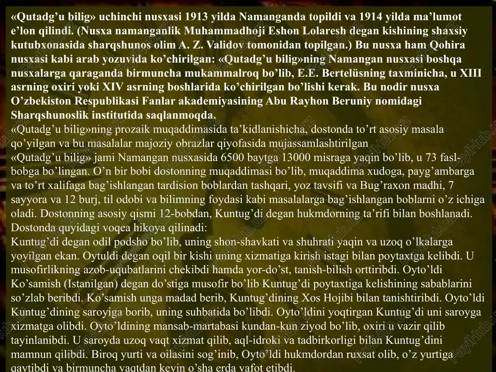 qiladi, olimlarni ulug’laydi, davlat boshliqlarini, ilm-fan ahllarini saroyga jalb etishga, ulardan ta’lim olishga va ularning maslahatlari bilan ish ko’rishga chaqiradi. yusuf xos hojibning fikricha, hukmdor mamlakatni o’z qilichi va siyosati bilan boshqarsa, olimlar el-yurtni aql va donish bilan boshqaradilar, unga yo’l ko’rsatadilar. shunga ko’ra, shoir kishilarni podaga, olimlarni yo’l boshlovchiga o’xshatadi: bular ul suruk qo’yqa arkach soni, qoyuv boshlasa, sursa yo’lcha ko’ni. (bular qo’y suruki orasidagi serka kabidirlar, (toki) qo’yni boshlasa, to’g’ri yo’l bo’ylab olib borsa. ilm-nur, olimlar mash’aldorlardir: ular ilmi bo’ldi budunqa yo’la, yorusa yo’la tunla ozmas yo’l-a, (ularning ilmi xalqqa mash’al bo’ldi, mash’al yorisa, tunda yo’ldan adashilmaydi.) binobarin, olimlarni sevmoq, ularga hurmat bilan yondashmoq va bilimlarini o’rganishga tirishmoq zurar: ularni qatig’ sav, og’irla so’zin, biliglarni o’gran, o’kush yo izin. (ularni qattiq sev, so’zlarini qadrla, ko’pmi yoki ozmi (ularning) bilimlarini o’rgan). obrazets teksta vtoroy uroven tretiy uroven chetvertiy uroven pyatiy uroven axloq va odob haqida «qutadg’u bilig» didaktik dostoni …