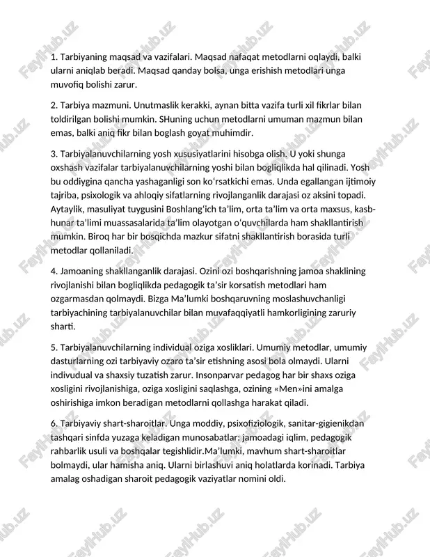 si, biroq uni ko'rsatib berish, mehnatni baholash, ishdagi xatoni ko'rsatish - bu usullar. so'z (keng ma'noda) - tarbiya vositasi, biroq replika taqqoslash - usullar. bu bilan bog'liqlikda ba'zan tarbiya metodlari qo'yilgan maqsadni muvaffaqiyatli amalga oshirish uchun foydalanilgan usul va vositalar tizimi sifatida aniqlanadi. xuddi shuningdek metodning tuzilishida usullar va vosita albatta mavjud bo'ladi. tarbiya metodlarining maqsadi va mazmuni. metodning ijobiy va salbiysi bolmaydi, tarbiya jarayonida ma’lum yolni yuqori darajadagi samarali va samarasiz deya baholash mumkin emas. metodning samaradorligini u qollanilayotgan sharoit nuqtai nazaridan baholash mumkin. tarbiya metodlarini maqsadga muvofiq tanlash bir qator omillarga bogliq. 1. tarbiyaning maqsad va vazifalari. maqsad nafaqat metodlarni oqlaydi, balki ularni aniqlab beradi. maqsad qanday bolsa, unga erishish metodlari unga muvofiq bolishi zarur. 2. tarbiya mazmuni. unutmaslik kerakki, aynan bitta vazifa turli xil fikrlar bilan toldirilgan bolishi mumkin. shuning uchun metodlarni umuman mazmun bilan emas, balki aniq fikr bilan boglash goyat muhimdir. 3. tarbiyalanuvchilarning yosh xususiyatlarini …
