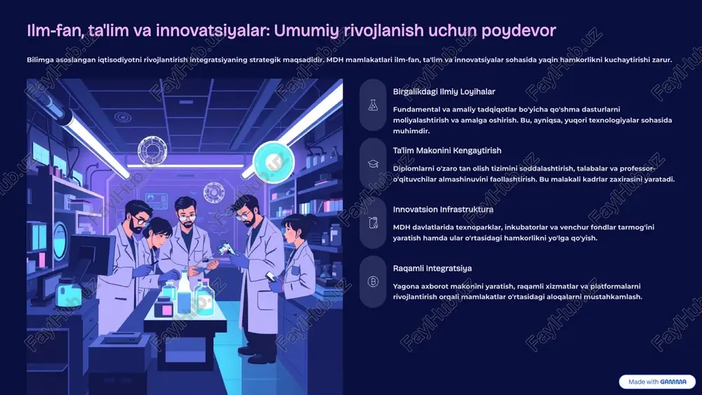 umkin. mdh yevropa ittifoqi osiyo-tinch okeani mintaqasi energiya ta'minoti texnologiyalar almashinuvi tranzit va logistika strategik iqtisodiy ko'prik integratsiyaning uzoq muddatli foydalari: global tranzit markazi: mdh davlatlari yevropa va osiyo o'rtasidagi asosiy quruqlikdagi ko'prik bo'lish salohiyatiga ega. bu esa xalqaro logistika zanjirlarida ularning muhimligini oshiradi. global raqobatbardoshlik: katta va yagona bozor yaratilishi mdh korxonalariga xalqaro miqyosda o'z mahsulotlarini samaraliroq ilgari surish imkonini beradi. yuqori texnologiyalar markazi: ilmiy hamkorlikni kuchaytirish orqali mintaqada innovatsion mahsulotlar va xizmatlar yaratish sur'ati oshiriladi, bu esa xalqaro iqtisodiyotga faol integratsiyaga yo'l ochadi. 9 xulosa va tavsiyalar: barqaror integratsiyaga erishish mdh doirasidagi integratsion jarayonlarni rivojlantirish – bu uzoq muddatli, lekin juda foydali jarayondir. barqaror va samarali integratsiyaga erishish uchun bir nechta asosiy tavsiyalarga amal qilish lozim. strategik qarash integratsiya jarayonining uzoq muddatli strategiyasini ishlab chiqish va uni muntazam ravishda baholab borish. iqtisodiy ustuvorlik siyosiy masalalardan ko'ra, amaliy iqtisodiy loyihalarga e'tibor qaratish. o'zaro savdoni jadallashtiruvchi aniq mexanizmlarni yaratish. xalqlararo …