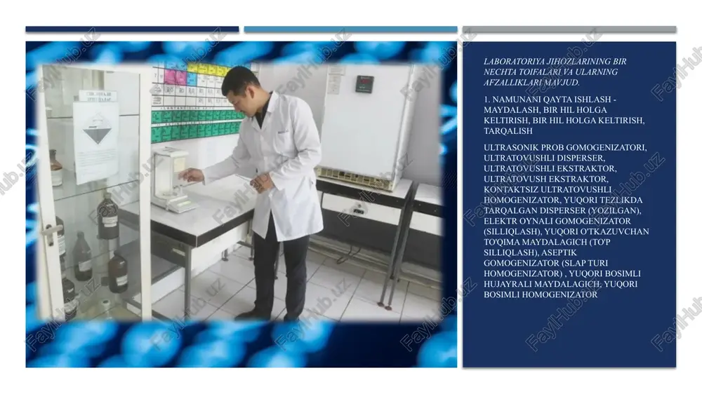 adi. qoʻllanilishi: biologiya, meditsina, nanotexnologiya. laminar kabinalar (laminar flow hood) tavsifi: mikroblardan xoli muhit yaratadi. bakteriologik va virusli ishlar uchun muhim. qoʻllanilishi: biotexnologiya, farmatsevtika, tibbiy tadqiqotlar. avtomatik titrator tavsifi: moddaning konsentratsiyasini aniqlash uchun suyuqliklarni aniq nisbatda aralashtiradi. inson xatosini kamaytiradi. qoʻllanilishi: kimyo, oziq-ovqat nazorati, ekologiya. spektrofotometr tavsifi: moddalarning yorugʻlikni qabul qilish xususiyatiga asoslangan holda tarkibini aniqlaydi. qoʻllanilishi: kimyo, biologiya, tibbiyot, atrof-muhit monitoringi. xulosa mazkur kurs ishida laboratoriya jihozlari va ularning turlari, vazifalari hamda ularni to‘g‘ri ishlatish usullari chuqur o‘rganildi. laboratoriya jihozlari ilmiy-tadqiqot va amaliy mashg‘ulotlarda muhim o‘rin tutib, ta’lim sifatini oshirishda beqiyos ahamiyatga ega. ish jarayonida laboratoriya xavfsizligi qoidalari, asbob-uskunalarning ishlash tamoyillari, shuningdek, tajriba o‘tkazishning zamonaviy usullari bilan tanishildi. o‘rganilgan bilimlar nafaqat nazariy jihatdan, balki amaliyotda ham qo‘llanishi mumkinligi bilan ahamiyatlidir. shu asosda, laboratoriya darslarining samaradorligini oshirish uchun jihozlardan to‘g‘ri va samarali foydalanish muhim ekani yana bir bor tasdiqlandi. foydalanilgan adabiyotlar jamolova, nodirabegim, and alisher niyozov. "kimyo darslarida virtual laboratoriyalardan …