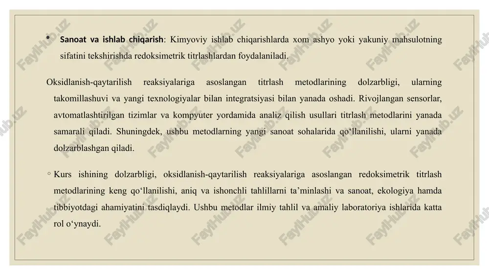 kuzatish uchun indikatorlar ishlatiladi. ular redoks-reaktsiyasi davomida rang o‘zgarishiga olib keladi yoki boshqa fizikaviy o‘zgarishlarni keltirib chiqaradi. bunday indikatorlar kimyo tahlilida reaksiyaning to‘liq borishini kuzatish va analitning miqdorini aniq hisoblash imkonini beradi. oksidlanish-qaytarilish reaksiyalari kimyo sohasida juda keng tarqalgan. ular: energiya ishlab chiqarishda: bioenergetika, ya'ni organizmlarda energiya ishlab chiqarishda, masalan, nafas olish jarayonida redoks-reaksiyalar o‘tkaziladi. sanoat jarayonlarida: sanoat kimyosi, ayniqsa, metallurgiya va elektrotexnika sohalarida redoks-reaksiyalar muhim ahamiyatga ega. ekologiyada: atmosfera, suv va tuproqdagi oksidlanish-qaytarilish jarayonlari atrof-muhitni tartibga solishda rol o‘ynaydi. tibbiyotda: oksidlanish-qaytarilish jarayonlari biokimyoviy reaktsiyalarda ishtirok etadi, bu esa organizmda turli moddalar almashinuvini boshqaradi. redoksimetrik titrlash metodlari redoksimetrik titrlash metodlari— bu oksidlanish-qaytarilish reaksiyalariga asoslangan kimyoviy tahlil usullaridir. ushbu metodlar yordamida bir moddaning miqdori, uning oksidlanish yoki qaytarilish jarayonlari orqali aniqlanadi. redoksimetrik titrlashlar yuqori aniqlik va ishonchlilik bilan ajralib turadi, shuning uchun ular keng qo‘llaniladi. redoksimetrik titrlash metodlarini bir nechta guruhlarga bo‘lish mumkin. quyida eng ko‘p ishlatiladigan metodlar keltirilgan: permanganometrik titrlash …