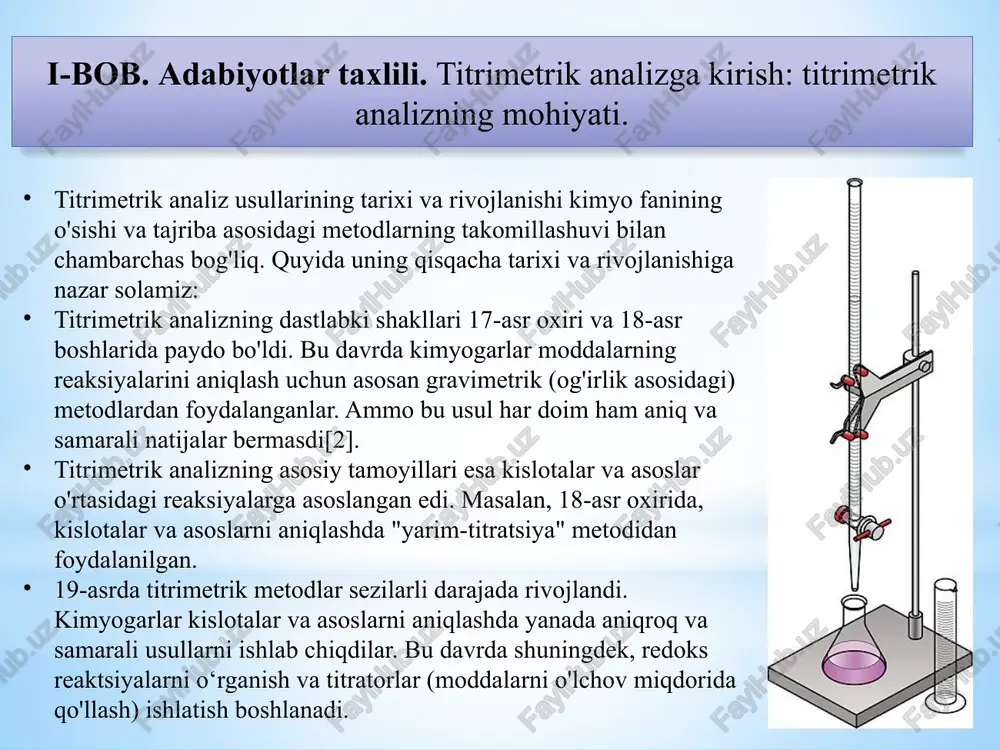ohalarda qo‘llaniladi. har bir tur o‘ziga xos kimyoviy reaktsiyalar, indikatorlar va usullarni talab qiladi. ushbu usullar orqali aniq va ishonchli natijalar olish mumkin, bu esa turli moddalarning konsentratsiyasini aniqlashda katta ahamiyatga ega. 2.2. titrimetrik analizda qo'llaniladigan usullar. 1. kislota va asoslar bilan titratsiya (neytralizatsiya titrasyonu) tavsif: kislota va asoslar o'rtasidagi neytralizatsiya reaktsiyasi asosida amalga oshiriladi. bu usulda, titrant (masalan, natriy gidroksid naoh) va analiz (masalan, sulfat kislota h₂so₄) o'rtasidagi reaktsiyada kislota va asos o'zaro neytrallashtirilib, suv va tuz hosil qiladi. 2.redoks titratsiya (oksidlanish-reduksiyalanish titrasyonu) • tavsif: bu usulda oksidlanish va reduktsiya reaksiyalari asosida titrasiya amalga oshiriladi. oksidlovchi modda (masalan, kalium permanganat) bilan reduktant moddaning (masalan, tiosulfat) reaksiyasi orqali titrasiya o‘lchanadi. 3. kompleksometrik titratsiya • tavsif: metal ionlari bilan kompleks birikmalar hosil qilish asosida amalga oshiriladi. edta (etilendiamintetraasetik kislota) kabi komplekslovchi agentlar yordamida metal ionlarini o‘lchash mumkin. 4. pretsipitatsiya titratsiyasi (ayirma titrasyonu) • tavsif: pretsipitatsiya (ayirma) titrasyonu o‘zgarmas ionlarning tahlilini o‘tkazish …