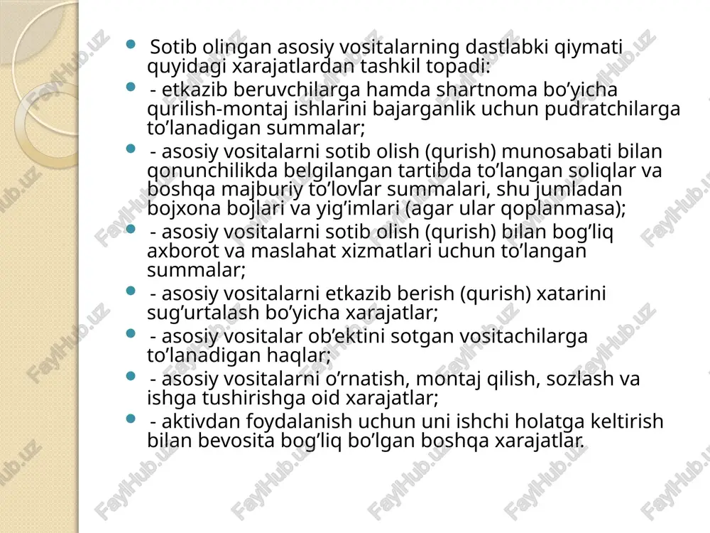 son shakldagi bosh jurnal kitobi hisobot shakllari ( balans va boshqalar) buxgalteriya raschyotlari, ma'lumotnomalari asosiy vositalar eskirishi hisobini xujjatlashtirish asosiy vositalar ob'ekti bo'yicha eskirish hisoblash mazkur ob'ekt asosiy vositalar tarkibiga qabul qilingan oydan keyingi oyning birinchi sanasidan boshlanadi hamda mazkur ob'ektning dastlabki (tiklanish) qiymati doirasida yoxud bu ob'ektni balansdan hisobdan chiqarilguncha amalga oshiriladi. hisobot yili mobaynida asosiy vosita ob'ektlari bo'yicha eskirish har oyda yillik eskirish summasining 1/12 miqdorida hisoblanadi. asosiy vosita ob'ektlari bo'yicha eskirish hisoblash asosiy vositalarning dastlabki (tiklanish) qiymati to'liq qoplangan yoxud bu ob'ekt balansdan hisobdan chiqarilgan oydan keyingi oyning birinchi sanasidan boshlab to'xtatiladi. eskirish hisoblash asosiy vositalar ob'ektlari qiymatining 100 foizidan oshib ketishi mumkin emas. vazirliklar, davlat qo'mitalari va idoralari, zarur hollarda, o'zlarining tizimidagi tashkilotlarda asosiy vositalarning eskirishi me'yorlarini asosiy vositalarning texnik shartlari yoki tayyorlovchi-tashkilotlar tavsiyalariga muvofiq asosiy vositalar ob'ektlarining samarali foydalanish muddatini hisobga olgan holda, tegishli qonunchilik bilan belgilangan me'yorlardan oshmagan holda o'rnatadilar. № muomalalar mazmuni dt …