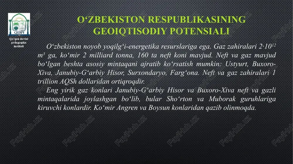 ishi mumkin. chiqindisiz texnologiyani amalga oshirishning asosiy yoʻli bu xom ashyoni kompleks qayta ishlash hisoblanadi. xom-ashyodan kompleks va oqilona foydalanish xom ashyodan kompleks foydalanish muammosini hal qilishdagi asosiy yoʻnalishlar quyidagicha; a) xom ashyoni izlash va qayta ishlash usullarini takomillashtirish va undan foydali tarkibiy qismlarni chiqarib olish darajasini oshirish, qayta ishlashni soddalashtirish va arzonlashtirish; b) xom ashyoni qayta ishlashni kompleks ravishda olib borish, undan iloji boricha koʻproq kerakli tarkibiy qismlarni chiqarib olish; c) kamyob xom ashyo turlarini arzon xom-ashyo bilan almashtirish. yuqorida sanab oʻtilgan yoʻllar bevosita yoki bilvosita kimyoviy texnologik jarayonlar bilan bogʻliq. kimyo sanoatida qoʻllaniladigan energiya turlari zamonaviy kimyo sanoati yonilg‘i va elektr energiyasining eng ko‘p iste’mol qiluchilaridan biri hisoblanadi: u issiqlik, elektr va mexanik energiyadan keng foydalanadi. energiya iste’molining taqsimoti quyidagicha tavsiflanadi: -issiqlik – 48%; -elektr – 44%; -to‘g‘ridan - to‘g‘ri ishlatiladigan yonilg‘i – 8%. kimyo sanoatida qoʻllaniladigan energiya turlari zamonaviy sharoitda energiya manbalarining asosiy turlari: 1) yonuvchan qazilmalar …