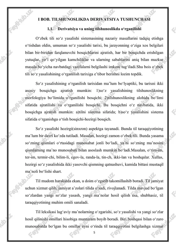 ‘zalshtirish bilan bog‘liq bo‘lsa, so‘z o‘zlashtirish lug‘aviy birliklar ma’nosni farqlash (differesiatsiya qilish)da muhim rol o‘ynaydi. lug‘aviy birliklarning mazmuni paydo bo‘layotgan yangi so‘z (yoki tushuncha)ning ma’nosiga zid bo‘lmagan holatlarda ma’nolar o‘zgarishiga ehtiyoj (imkoniyat) vujudga keladi.[footnoteref:2] [2: to'raxodjaeva a., hasanova d. o'zlashma lug'aviy birliklar -yangi so'z yasash manbai./o'zbek tili va uni o'qitish masalalari. respublika ilmiy-nazariy konferentsiyasi. -toshkent: 2017. –b.119] so‘z yasalishi ilk bosqichi umumiy tilshunoslikka doir manbalarda ‘‘morfologik bosqich” sifatida farqlanadi. mazkur bosqichda shakllangan morfologik an’ana so‘z yasalishiga doir izlanishlarda o‘tgan asrning o‘rtalariga qadar izchil davom etdi. xususan, o‘tgan asrning boshlarida abdurauf fitrat tomonidan yaratilgan o‘zbek tiliga doir qo‘llanmada, shuningdek, a.n. kononov va v.v.reshetov kabi olimlar tomonidan chop ettirilgan darsliklarda ham tilshunoslik tarixida yuzaga kelgan ana shu an’ananing ta’sirini kuzatish mumkin. biroq bu an’anani mazkur davr tilshunosligida ham yakdillik bilan qabul qilingan deb bo‘lmaydi. xususan, ayrim ishlarda so‘z yasalishining o‘ziga xos qonuniyatiga ega bo‘lgan hodisa ekanligi ham e’tirof etilganligini kuzatish mumkin. jumladan, …