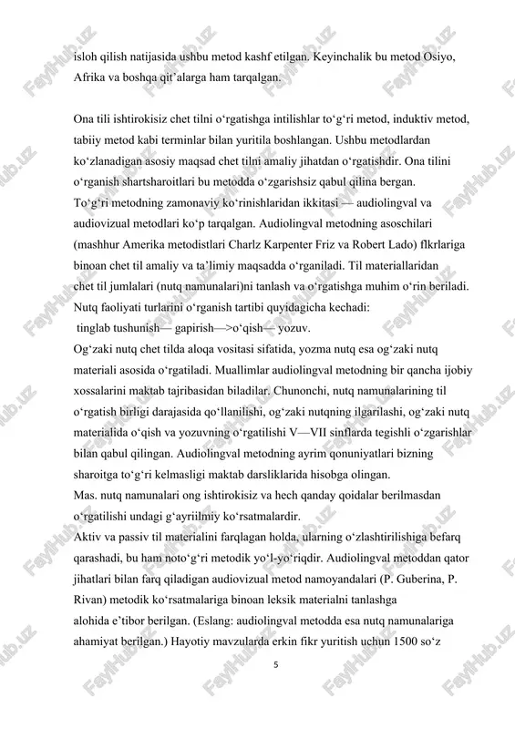 ‘rsatmalariga binoan leksik materialni tanlashga alohida e’tibor berilgan. (eslang: audiolingval metodda esa nutq namunalariga ahamiyat berilgan.) hayotiy mavzularda erkin fikr yuritish uchun 1500 so‘z tanlangan. turli texnikaviy vositalarga ta’lim jarayonida katta o‘rin beriladi. ikkala metodning umumiyligi (to‘g‘ri metod tarkibiga kirishi)dan tashqari tafovutlari ham bor. mas. audiovizual metodda og‘zaki nutq, yozuv va oxirgi navbatda o‘qish o‘rgatiladi. o‘qish yozuvdan keyin o‘rgatiladi. bizning maktablarda ushbu metodning ayrim tomonlaridan ijodiy foydalaniladi. o‘rta maktabda birinchi yili chet til o‘qitishda yozuv o‘qishdan oldin, keyinchalik o‘qish yozuvdan oldin va yuqori sinflarda o'qish barcha nutq faoliyati turlaridan oldin o‘rgatiladi. to‘g‘ri metodlaming reproduktiv (h. palmer) va retseptiv tarzda (m. uest) chet til o‘rgatish metodlari ham metodika tarixida sezilarli iz qoldirgan. ular ljaqida vii bobda maxsus ma’lumot beriladi. aralash metod.ushbu metod ikki katta metodik yo‘nalishlarning ilmiy-amaliy tomonlarini o‘ziga singdirib olganligi ko‘rinib turibdi. aralash metodlar xix asr oxiri xx asr boshlarida tarjima va to‘g‘ri metodlar qorishmasi sifatida vujudga keldi. aralash metod …
