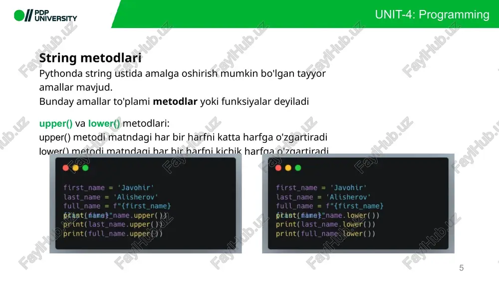 radiusini float shaklda kiritishni so‘rang. aylananing uzunligi va yuzasini hisoblang (π = 3.14 deb oling). unit-4: programming unit-4: programming 23 vazifalar 10. narxlarni solishtirish: foydalanuvchidan ikkita mahsulotning narxini float shaklda kiritishni so‘rang. qaysi mahsulot arzon ekanligini aniqlang. 11. o‘rtacha qiymatni hisoblash: foydalanuvchidan uchta son kiritishni so‘rang va ularning o‘rtacha qiymatini hisoblang. 12. sonning kvadrat ildizini topish: foydalanuvchidan musbat son kiritishni so‘rang. ushbu sonning kvadrat ildizini hisoblang (float turida). unit-4: programming unit-4: programming 24 e’tiboringiz uchun rahmat unit-4: programming unit-4: programming image1.png image2.png image3.png image4.png image5.png image6.png image7.png image8.png image9.png image10.png image11.png image12.png image13.png image14.png image15.png image16.png image17.png image18.png image19.png image20.png image21.png image22.png image23.png image24.png image25.png image26.png image27.png image28.png @// onversity i oo versity a4 ism = "javohir" davlat = "0'zbekiston" matn1l = ‘javohir "“aqlli" futbolchi' matn2 = '''o'zbekistonda "kuchli" futbolchilar ko'p name = 'javohir' print("mening ismim " + name ) firstname = 'javohir lastname = 'alisherov' print(firstname + lastname) name …