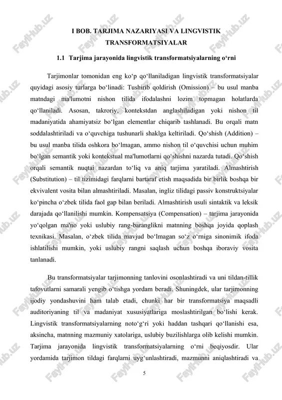 tirish usuli sintaktik va leksik darajada qo‘llanilishi mumkin. kompensatsiya (compensation) – tarjima jarayonida yo‘qolgan ma'no yoki uslubiy rang-baranglikni matnning boshqa joyida qoplash texnikasi. masalan, o‘zbek tilida mavjud bo‘lmagan so‘z o‘rniga sinonimik ifoda ishlatilishi mumkin, yoki uslubiy rangni saqlash uchun boshqa iboraviy vosita tanlanadi. bu transformatsiyalar tarjimonning tanlovini osonlashtiradi va uni tildan-tillik tafovutlarni samarali yengib o‘tishga yordam beradi. shuningdek, ular tarjimonning ijodiy yondashuvini ham talab etadi, chunki har bir transformatsiya maqsadli auditoriyaning til va madaniyat xususiyatlariga moslashtirilgan bo‘lishi kerak. lingvistik transformatsiyalarning noto‘g‘ri yoki haddan tashqari qo‘llanishi esa, aksincha, matnning mazmuniy xatolariga, uslubiy buzilishlarga olib kelishi mumkin. tarjima jarayonida lingvistik transformatsiyalarning o‘rni beqiyosdir. ular yordamida tarjimon tildagi farqlarni uyg‘unlashtiradi, mazmunni aniqlashtiradi va matnni nishon tilida tabiiy, mantiqiy va madaniy jihatdan mos shaklda taqdim etadi. tarjimaning muvaffaqiyati ko‘p hollarda ushbu transformatsiyalarni to‘g‘ri tanlash va ularni o‘rinli qo‘llashga bog‘liq. tarjima jarayonida lingvistik transformatsiyalarning qo‘llanilishi faqat grammatik, leksik yoki sintaktik moslik bilan chegaralanmaydi. tarjima qilinayotgan …