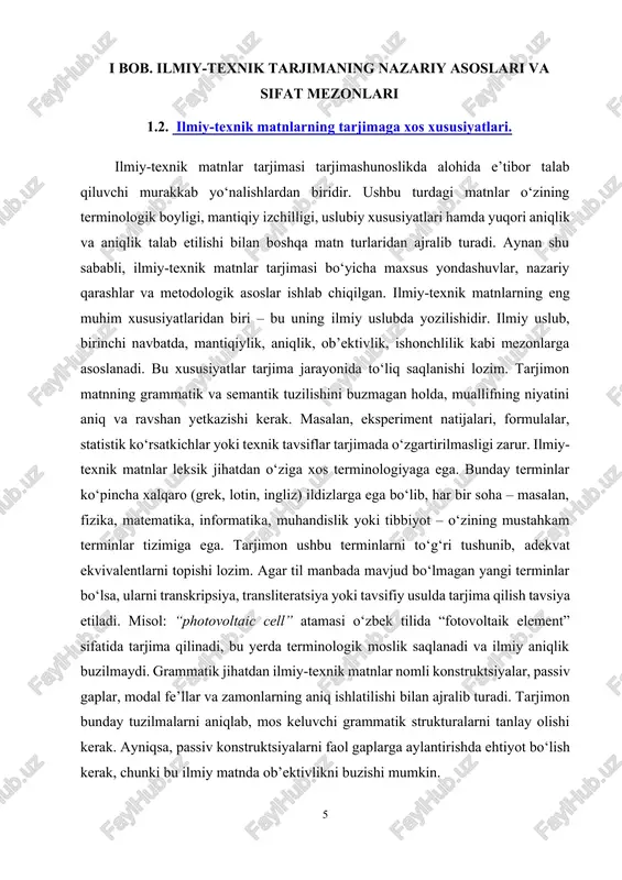 bilim talab etiladi. grafik elementlar ostidagi izohlar, shartli belgilar tarjimada aniq va qisqacha saqlanishi lozim. ilmiy-texnik matnlar ko‘pincha madaniy neytral bo‘ladi, ya’ni ular milliy o‘ziga xoslikdan xoli. shunga qaramay, ba’zida mualliflar taqqoslash yoki misollar keltirishda kontekstual yoki tarixiy ma’lumotlardan foydalanadilar. tarjimon bu holatda o‘quvchiga tushunarli bo‘ladigan mos alternativalarni topishi zarur. misol: “...as newton once said.” → “nyuton aytganidek...” bu yerda madaniy kontekst saqlanadi, ammo izoh kerak bo‘lishi mumkin. ilmiy matnlar adabiy til me’yorlariga rioya etgan holda yoziladi, lekin badiiy tasvirlardan holi bo‘ladi. tarjimon noto‘g‘ri uslubiy o‘zgarishlar yoki shaxsiy ifodalardan saqlanishi kerak. yozma matn soddaligi, lo‘ndaligi, mazmunning to‘g‘riligi tarjima sifatini belgilovchi asosiy omillardandir. ilmiy-texnik matnlarni tarjima qilishda tarjimonlar quyidagi qiyinchiliklarga duch kelishadi: · soha terminologiyasining yetarlicha rivojlanmaganligi; · manba tilidagi leksik birliklarga o‘zbek tilida aniq ekvivalent topilmasligi; · sintaktik tuzilmalarning mos kelmasligi; · ma’lumotlarning haddan tashqari zich bo‘lishi. shu bois, tarjimon nafaqat lingvist, balki sohaga oid bilimga ega mutaxassis bo‘lishi lozim. …