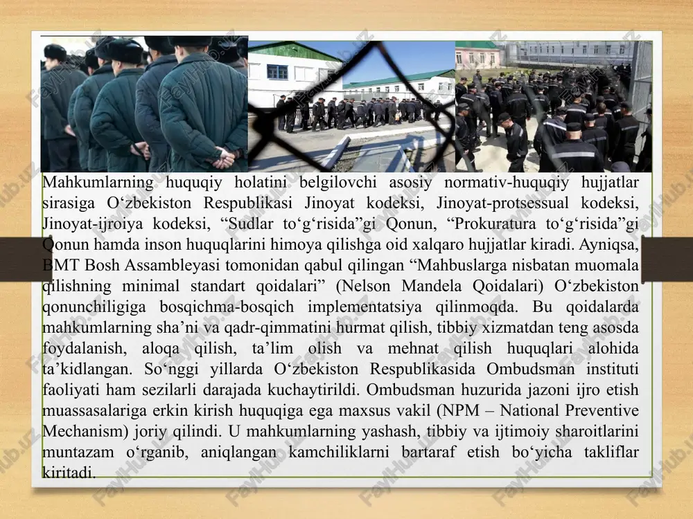 ning mehnat, ta’lim va tibbiy xizmatdan foydalanish imkoniyatlarini kengaytirish bo‘yicha bir qator tarixiy qadamlar qo‘yildi. xususan, prezidentning 2020-yil 26-oktabrdagi pq-4872-son qarori, 2021-yil 29-iyuldagi pf-6267-son farmoni va 2022-yil 2-iyundagi pf-150-son farmoni natijasida jazoni o‘tash muassasalarida inson qadrini ulug‘lash, mahkumlarni ijtimoiy hayotga tayyorlash, ularga kasb-hunar o‘rgatish va reabilitatsiya markazlari faoliyatini kengaytirish yo‘lga qo‘yildi. bugungi kunda mahkumlar o‘rtasida huquqiy madaniyatni oshirish, ularning shaxsiy rivojlanishiga imkon berish, diniy erkinlikni ta’minlash, oila a’zolari bilan muloqotni davom ettirish, shikoyat va murojaat qilish tartibini soddalashtirish borasida sezilarli natijalarga erishildi. foydalanilgan adabiyotlar o‘zbekiston respublikasi konstitutsiyasi. – toshkent adolat nashriyoti, 2023-yil. o‘zbekiston respublikasi jinoyat kodeksi. – toshkent adolat nashriyoti, 2024-yilgi tahrir. o‘zbekiston respublikasi jinoyat-ijroiya kodeksi. – toshkent: adolat nashriyoti, 2022-yilgi yangi tahrir. o‘zbekiston respublikasi prezidentining 2020-yil 26-oktabrdagi pq–4872-son qarori “jinoyat-ijroiya tizimini yanada takomillashtirish to‘g‘risida”. o‘zbekiston respublikasi prezidentining 2021-yil 29-iyuldagi pf–6267-son farmoni “inson huquqlari sohasidagi islohotlarni chuqurlashtirish chora-tadbirlari to‘g‘risida”. “inson huquqlari to‘g‘risidagi umumjahon deklaratsiyasi.” – bmt bosh assambleyasi, 1948-yil (o‘zbekcha …