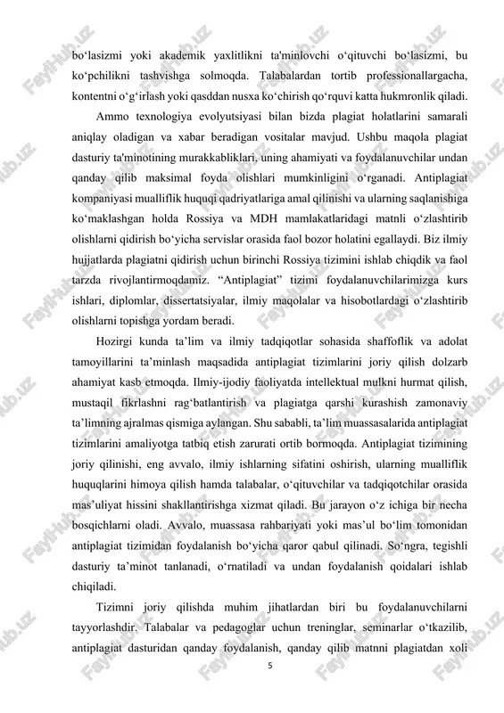 yat kasb etmoqda. ilmiy-ijodiy faoliyatda intellektual mulkni hurmat qilish, mustaqil fikrlashni rag‘batlantirish va plagiatga qarshi kurashish zamonaviy ta’limning ajralmas qismiga aylangan. shu sababli, ta’lim muassasalarida antiplagiat tizimlarini amaliyotga tatbiq etish zarurati ortib bormoqda. antiplagiat tizimining joriy qilinishi, eng avvalo, ilmiy ishlarning sifatini oshirish, ularning mualliflik huquqlarini himoya qilish hamda talabalar, o‘qituvchilar va tadqiqotchilar orasida mas’uliyat hissini shakllantirishga xizmat qiladi. bu jarayon o‘z ichiga bir necha bosqichlarni oladi. avvalo, muassasa rahbariyati yoki mas’ul bo‘lim tomonidan antiplagiat tizimidan foydalanish bo‘yicha qaror qabul qilinadi. so‘ngra, tegishli dasturiy ta’minot tanlanadi, o‘rnatiladi va undan foydalanish qoidalari ishlab chiqiladi. tizimni joriy qilishda muhim jihatlardan biri bu foydalanuvchilarni tayyorlashdir. talabalar va pedagoglar uchun treninglar, seminarlar o‘tkazilib, antiplagiat dasturidan qanday foydalanish, qanday qilib matnni plagiatdan xoli holatda yozish va havola keltirish qoidalari o‘rgatiladi. bu orqali nafaqat texnik foydalanish ko‘nikmalari, balki axloqiy me’yorlar ham targ‘ib qilinadi. amaliyotda ko‘plab ta’lim muassasalari ithenticate, turnitin, plagscan, strikeplagiarism kabi xalqaro tizimlardan yoki mahalliy …