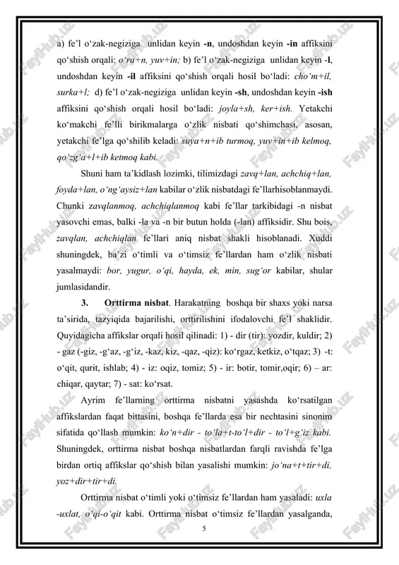 iqiy bajaruvchisi noma’lum bo‘ladi: o‘qish boshlandi (bajaruvchisi noma’lum), yer haydaldi (harakat bajaruvchisi traktorchilar).bu nisbatan -in / -n va -l / in affikslari orqali hosil qilinadi: tara+l, ulu+n, keltir+il, ol+in kabi. fe’lning majhul va o‘zlik nisbatlariga xos ko‘rsatkichlar o‘zaro grammatik omonim bo‘lib, ba’zan ayni bir affiks ham o‘zlik, ham majhullik nisbatni yasashi mumkin. bunday holda, fe’lning qaysi nisbatdaligi gap mazmunidan anglashiladi: ot qoqildi- mix qoqildi. majhullik va o‘zlik nisbatlari bir xil affiks bilan yasalganda, ularni farqlashda orttirma nisbat affiksini qo‘shib ko‘rish muhim ahamiyatga ega bo‘ladi. chunki majhullik nisbatdagi fe’l ayni paytda orttirma nisbatda ham qo‘llanishi mumkin, biroq o‘zlik nisbat bunday xususiyatga ega emas: polga mix qoq+tir+il+di. o‘zlik va majhullik nisbat affikslari ayni bir fe’lga qo‘shilib, ham o‘zlik, ham majhullik shaklini hosil qilishi mumkin: tara+n (o‘zlik) - tara+l(majhullik), yuv+n (o‘zlik) – yuv+il(majhullik) kabi. yetakchi va ko‘makchi felli birikmalarda majhul nisbat ko‘rsatkichi, asosan, ko‘makchi fe’lga qo‘shiladi: so‘rab ko‘r+il+di, aytib qo‘y+il+di. o‘zlik nisbati kabi …