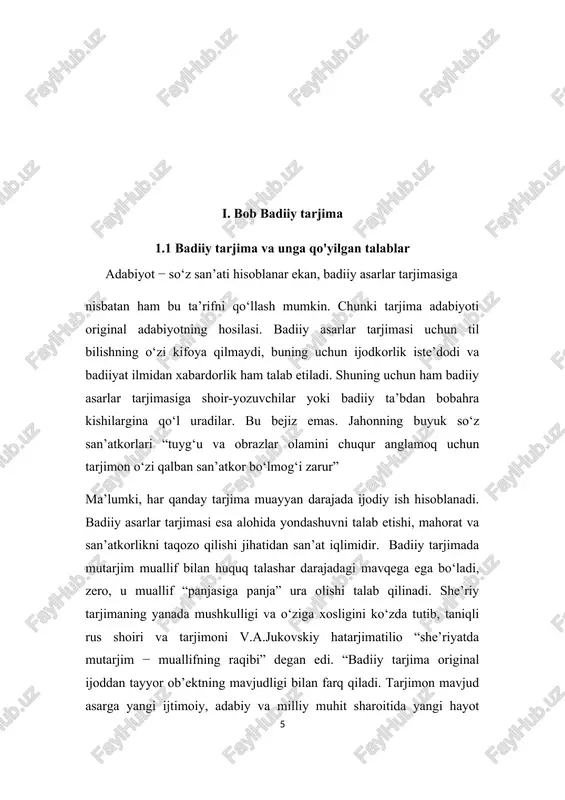 g yana muallif uslubini qayta yaratish, asar ritmi va intonatsiyasini saqlash, personajlar nutqini asliyatdagi tabiiyligi bilan aks ettirilish, miliy koloritni berish, frazeologizmlarning muqobil variantlarini topish, sheva xususiyatlarini ifodalash kabi ko‘plab katarjima tilia-kichik talab�shartlari mavjudki, ular tarjimonning chindan ham hal qiluvchi maqomga ega ekanligini ko‘rsatadi. asarning boshqa tildagi nash’u namosi, muallifning boshqa xalq o‘rtasidagi shuhrati aynan tarjimonxizmati bilan bog‘liq. buning uchun tarjimon muallif o‘z asarining o‘qishliligi, jozibasi, ta’sirchanligini ta’minlash uchun qo‘llagan barcha usul va vositalarni boshqa tilda asliyatga muvofiq qayta yarata olishi kerak. badiiy tarjima turlari va janrlari “tasvir prinsipi, hayotiy voqelikning qamrovi va aks etish tarzi, obrazlar xarakterini ochish imkoniyatlariga qarab, barcha badiiy asarlar uch katarjima tilia turga bo‘linadi: 1) epik tur. bu turga roman, qissa, masal, hikoya, ocherk kabi janrlar kiradi. 2) lirik tur. bu turga g‘azal, murabba’, muxammas, musaddas, musamman, ruboiy, tuyuq kabi klassik adabiyotdagi janrlar va hozirgi adabiyotdagi she’riy janrlarning hammasi kiradi. 3) dramatik tur. dramatik tur …