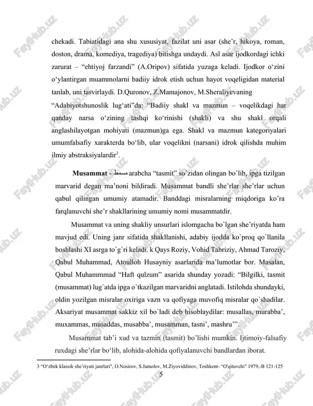 -falsafiy ruxdagi sheʼrlar boʻlib, alohida-alohida qofiyalanuvchi bandlardan iborat. 2 5 birinchi bandning oxirgi misrasidagi qofiya keyingi bandlarning oxirgi misralaridagi krfiyalar bilan bir xil boʻladi. bandlardagi misralar soni 3 tadan 10 tagacha yetadi, shunga koʻra quyidagi musammatlar farqlanadi: musallas (3 misrali), murabba (4 misrali), mu-hammas (5 misrali), musaddas (6 misrali), musabba (7 misrali), musamman (8 misrali), mutassa (9 misrali), muashshar (10 misrali). 1.2. musammat janrining tarkibiy qisimlari musallas - uch misrali band usulida yozilgan she'r. g‘arbda tetrina deb ataladi.[footnoteref:4] qofiyalanish: a-b-, v-g-g, yoki a-b-a, v-g-v yoki a-a-a, b-b-b, yoki a-a-b, v-a-b... [4: b 23] bizning turkiston eli dardiga darmon istamas, zulmat ichra kechsa umri, mohi tabon istamas, uxlama ko‘p o‘zbek eli, asli taraqqiy vaqtida. ko‘nglidur oshuftai lavhi tarab nafsu havo, tilsa zillat xanjari bag‘rini luqmon istamas, uxlama ko‘p o‘zbek eli, asli taraqqiy vaqtida. (hamza) oq bulutlar qo‘zg‘aldi tog‘dan nari yo‘l oldi ochildi ko‘m- ko‘k osmon uzoqda yulduz ko‘rdim, sohilda bir ko‘z …
