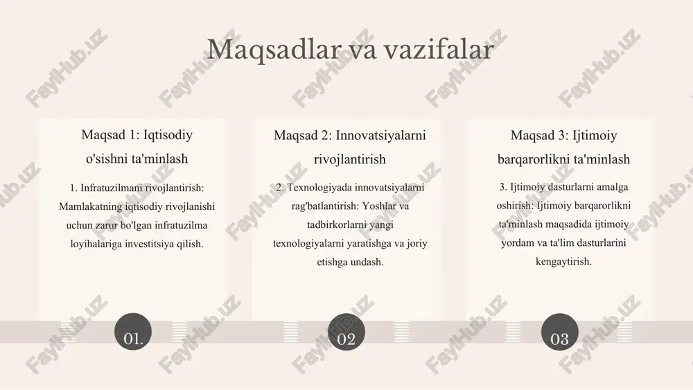 yatlarini cheklaydi. uchinchidan, infratuzilmaning yetarli darajada rivojlanmasligi, iqtisodiy o'sishni sekinlashtiradi. to'rtinchidan, ijtimoiy tengsizlik va kambag'allik darajasi hali ham yuqori bo'lib qolmoqda, bu esa ijtimoiy barqarorlikka tahdid soladi. ushbu muammolarni hal etish uchun bir qator choralar ko'rish zarur. iqtisodiy diversifikatsiyani oshirish maqsadida, davlat va xususiy sektor o'rtasidagi hamkorlikni kuchaytirish kerak. ta'lim tizimini takomillashtirish uchun, zamonaviy pedagogika usullarini joriy etish va o'qituvchilar malakasini oshirish lozim. infratuzilma uchun investitsiyalarni jalb qilish va zamonaviy texnologiyalarni qo'llash zarur. ijtimoiy tengsizlikni kamaytirish uchun, ijtimoiy himoya dasturlarini rivojlantirish va iqtisodiy imkoniyatlarni oshirish kerak. innovatsion yondashuvlar 1. asosiy prinsiplar: a. texnologik innovatsiya: zamonaviy texnologiyalarni qo‘llash orqali iqtisodiyotni rivojlantirish. b. ijtimoiy innovatsiya: jamiyatdagi muammolarni hal qilish uchun yangi g‘oyalar va yondashuvlarni ishlab chiqish. c. ekologik innovatsiya: tabiy resurslarni samarali boshqarish va atrof-muhitni muhofaza qilish. 2. afzalliklar va kamchiliklar: a. texnologik innovatsiya: afzallik - ish o‘rinlarini yaratadi, kamchilik - yangi texnologiyalarni qabul qilish qiyin bo‘lishi mumkin. b. ijtimoiy innovatsiya: afzallik …