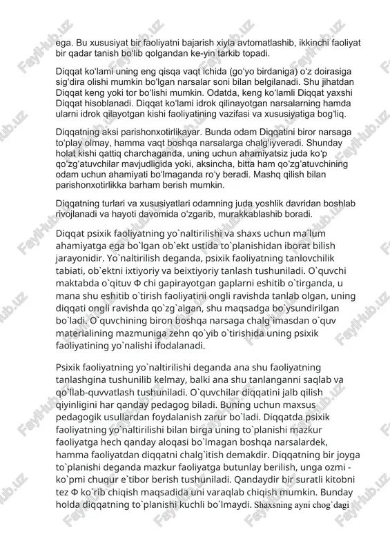 q charchaganda, uning uchun ahamiyatsiz juda koʻp qoʻzgʻatuvchilar mavjudligida yoki, aksincha, bitta ham qoʻzgʻatuvchining odam uchun ahamiyati boʻlmaganda roʻy beradi. mashq qilish bilan parishonxotirlikka barham berish mumkin. diqqatning turlari va xususiyatlari odamning juda yoshlik davridan boshlab rivojlanadi va hayoti davomida oʻzgarib, murakkablashib boradi. diqqat psixik faoliyatning yo`naltirilishi va shaxs uchun ma`lum ahamiyatga ega bo`lgan ob`ekt ustida to`planishidan iborat bilish jarayonidir. yo`naltirilish deganda, psixik faoliyatning tanlovchilik tabiati, ob`ektni ixtiyoriy va beixtiyoriy tanlash tushuniladi. o`quvchi maktabda o`qituv f chi gapirayotgan gaplarni eshitib o`tirganda, u mana shu eshitib o`tirish faoliyatini ongli ravishda tanlab olgan, uning diqqati ongli ravishda qo`zg`algan, shu maqsadga bo`ysundirilgan bo`ladi. o`quvchining biron boshqa narsaga chalg`imasdan o`quv materialining mazmuniga zehn qo`yib o`tirishida uning psixik faoliyatining yo`nalishi ifodalanadi. psixik faoliyatning yo`naltirilishi deganda ana shu faoliyatning tanlashgina tushunilib kelmay, balki ana shu tanlanganni saqlab va qo`llab-quvvatlash tushuniladi. o`quvchilar diqqatini jalb qilish qiyinligini har qanday pedagog biladi. buning uchun maxsus pedagogik usullardan foydalanish zarur …