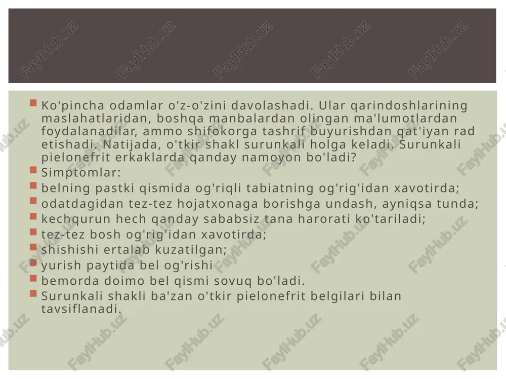 ga bo’lgan parhez buyuriladi, harorat me’yorga kelgach bemor o’zida ko’p suyuqlik saqlagan to’laqonli oziq-ovqat ratsioniga qaytadi. ikkinchi darajali o’tkir pielonefritni davolashning birinchi bosqichida normal siydik chiqarishga to’sqinlik qiluvchi to’siqlar bartaraf etilishi kerak. siydik chiqarish buzilgan hollarda antibakterial dori-darmonlarni tayinlash istalgan samarani bermaydi va jiddiy asoratlarni rivojlanishiga olib kelishi mumkin. kasallikning o'tkir shakli bemorni shoshilinch kasalxonaga yotqizishni talab qiladi. kasalxonada bo'lgan birinchi kunlarda u yotoqda dam olishni kuzatishi kerak. bemorga tuzsiz diet, shuningdek, ichish rejimiga rioya qilish buyuriladi - kuniga 1 dan 2,5 litrgacha suyuqlik ichish. qon aylanishini yaxshilash uchun belning pastki qismiga iliq kompres surtish kerak. bel diatermiyasi tavsiya etiladi. erkaklarda pielonefritni antibiotiklar bilan davolash mikroorganizmning ma'lum bir faol moddaga sezuvchanligini oldindan o'rganishni talab qiladi. antibiotik terapiyasi kursi kamida 4 hafta. agar kasallik belgilari endi bezovta qilmasa, siz preparatni qabul qilishni to'xtata olmaysiz. bemorga og'riqni kamaytirish uchun antispazmodiklar qabul qilish tavsiya etiladi. surunkali pielonefritni davolash o’tkir shakldagi kasallikni davolash bilan …