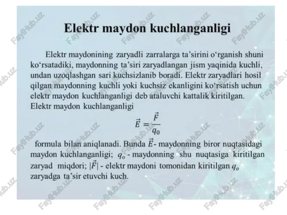 ga bo'lgan potentsial energiyani tavsiflaydi. ** nisbiy belgi: * * elektr potentsiali nisbiy xususiyatga ega, shuning uchun uning qiymati boshqa nuqtadagi potentsialga nisbatan yoki ko'pincha cheksizlikda tanlanadigan nol darajaga nisbatan aniqlanadi. ** potentsial farq: * * zaryadning bir potentsialdan ikkinchi potentsialga ega bo'lgan boshqa nuqtaga o'tishi zaryad energiyasining o'zgarishiga olib keladi, bu esa ushbu nuqtalar orasidagi potentsial farq bilan tavsiflanadi. 4. ** potensial va kuchlanish: * * elektr potentsiali v = ed formulasi orqali elektr maydon kuchi bilan bog'liq, bu erda v - potentsial, e - kuchlanish va d - nuqtalar orasidagi masofa. 5. ** potensial va ish: * * elektr maydonidagi zaryadni harakatlantirish bo'yicha ish potentsial va zaryad kattaligining hosilasi sifatida aniqlanadi, ya'ni. w = qv, bu erda w - ish, q - zaryad, v - potentsial. 6. ** elektr zanjirlari va qurilmalarida foydalanish: * * elektr potentsiali elektr zanjirlari va qurilmalaridagi asosiy tushuncha bo'lib, kuchlanish, oqim va elektr …