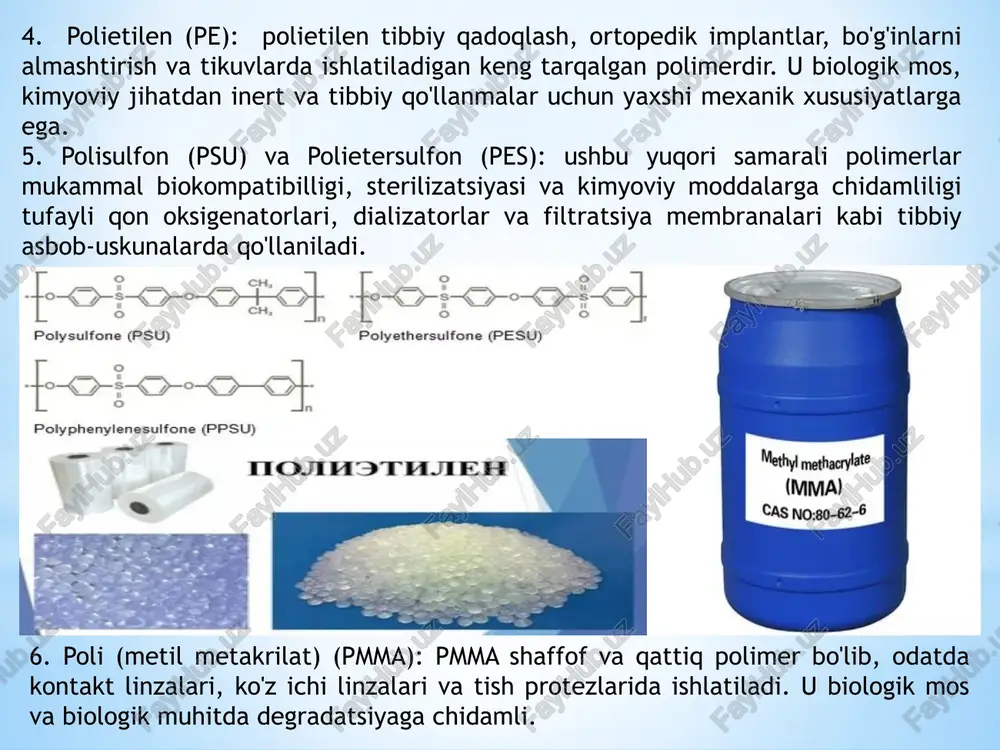 ishish xususiyatlariga ega, bu esa sirtni ishlov bermasdan boshqa materiallar bilan bog'lanishni qiyinlashtiradi. polietilen glikol (peg) 1. gidrolizga moyillik: peg ma'lum sharoitlarda gidrolitik degradatsiyaga moyil bo'lishi mumkin, bu esa ba'zi ilovalarda uning uzoq muddatli barqarorligini cheklashi mumkin. 2. cheklangan mexanik kuch: peg boshqa polimerlarga nisbatan cheklangan mexanik kuchga ega bo'lishi mumkin, bu esa yuk ko'taruvchi ilovalarda tashvish tug'dirishi mumkin. maxsus biotibbiyot yoki sanoat ilovalari uchun bioinert polimerlarini tanlashda, maqsadli foydalanish uchun zarur bo'lgan o'ziga xos talablar va ishlash xususiyatlarini hisobga olgan holda, ushbu mumkin bo'lgan kamchiliklarni hisobga olish muhimdir. bioinert polimerlarning tibbiyotda qo'llanilishi: 1. implantlar va protezlar: - jarrohlik aralashuvi uchun sun'iy bo'g'inlar, stentlar va periferik tomirlar protezlari kabi bioinert implantlar va protezlarni yaratish. 2. tibbiy asboblar: - bioinert polimerlardan foydalangan holda tibbiy asboblar, laboratoriya idishlari va tibbiy muolajalar uchun asboblar ishlab chiqarish. 3. dori vositalari: - bioinert polimerlar asosida dori vositalari, mikrokapsulalar va dori vositalarining boshqariladigan relizlarini yaratish. biologik …