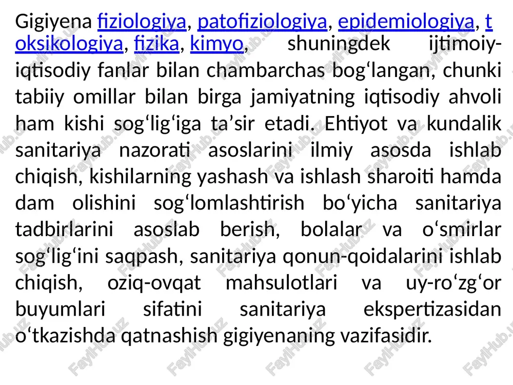 a ikki marta to‘g‘ri yuvish va tish cho‘tkasi hamda pastasidan to‘g‘ri foydalanish; nosog‘lom oziq-ovqatlardan voz kechish va ortiqcha shirinlik iste’mol qilishdan saqlanish; davriy ravishda stomatologga borish va tishlarni tekshirtirish. to‘g‘ri ovqatlanish gigiyenasi sog‘lom ovqatlanish tartibini shakllantirish: meva-sabzavot, don mahsulotlari va oqsilli taomlarni iste’mol qilish; fastfud va gazlangan ichimliklardan voz kechish; ovqatlanishdan oldin va keyin qo‘llarni yuvish; yangi, toza va sifatli mahsulotlarni iste’mol qilish; ovqatlanish vaqtiga rioya qilish. sinf va uy gigiyenasi sinf va uyda tozalikka rioya qilish; havo almashtirish (ventilatsiya) va xonani shamollatish; yotoq va ish joyini tartibli saqlash; uy-ro‘zg‘or buyumlari va maktab jihozlaridan to‘g‘ri foydalanish. jismoniy va ruhiy salomatlik har kuni ertalab badantarbiya qilish va jismoniy faollikni oshirish; maktabda to‘g‘ri o‘tirish va dars paytida to‘g‘ri yoritilgan muhitda ishlash; ko‘z sog‘lig‘ini saqlash (ko‘zni zo‘riqtirmaslik, smartfon va kompyuter oldida uzoq vaqt o‘tirmaslik); ruhiy salomatlikni mustahkamlash, stressdan qochish va dam olishga vaqt ajratish. yuqumli kasalliklarning oldini olish shaxsiy gigiyena qoidalariga qat’iy rioya …