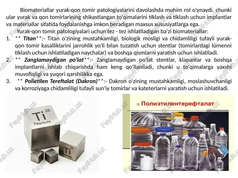 atmalarga rioya qiling: ko'proq meva va sabzavotlarni iste'mol qiling, to'yingan yog'larni to'yinmagan yog'larga almashtiring, shakar va tuz iste'molini cheklang. xulosa shunday qilib, yurak-qon tomir tizimining patologiyalari davolanishga kompleks yondashuvni talab qiladigan jiddiy kasalliklardir. muntazam tekshiruvlar o'tkazish va xolesterin, qon bosimi, qon shakar va boshqa sog'liq ko'rsatkichlarini nazorat qilish muhimdir.yurak tomirlari patologiyalarini davolash dori-darmonlarni qabul qilish, ovqatlanishni tuzatish, jismoniy faollik, yomon odatlardan voz kechish, shuningdek ba'zi hollarda jarrohlik aralashuvni o'z ichiga oladi.shuni esda tutish kerakki, yurak va qon tomirlarining sog'lig'i bizning turmush tarzimizga va unga g'amxo'rlik qilishning to'g'ri yondashuviga bog'liq. faol turmush tarzi, o'rtacha jismoniy mashqlar, sog'lom ovqatlanish va shifokorga muntazam tashrif buyurishga intilish muhimdir. yurak-qon tomir tizimi patologiyasining har qanday alomatlari bo'lsa, o'z vaqtida tashxis qo'yish va davolash uchun shifokor bilan maslahatlashish kerak. foydalanilgan adabiyotlar "biomaterials in regenerative medicine and the cardiovascular system" by kee june and alicia el haj "biomaterials for cardiovascular applications" by john p. fisher and antonios …