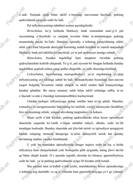 ozor iqtisodiyoti sharoitida yuqorida ko`rsatib o`tilgan sabablar tufayli, albatta, sodir bo`lib turadigan hodisadir. bunday sharoitda uni jilovlab turish va iqtisodiyot taraqqiyoti hamda xalqning turmush darajasiga ta`sirini kamaytirib turish har qanday davlatning muhim vazifasi hisoblanadi. u yoki bu mamlakat iqtisodiyotida chuqur inqiroz sodir bo`lsa, u holda inflyatsiya ham chuqurlashadi yoki boshqacha qilib aytganda, uning jilovi davlat qo`lidan chiqib ketadi. o`z paytida tegishli choralar ko`rilmasa, giperinflyatsiya sodir bo`ladi, ya`ni pulning qadrsizlanishi oyiga 50 foizdan ortib ketadi. shu narsani ham ta`kidlab o`tish joizki, mamlakatimiz bozor iqtisodiyotiga o`tishning eng dastlabki va og`ir yillarida ham giperinflyatsiyaga yo`l qo`yilmadi. buning asosiy omili bo`lib o`zbekistondagi kuchli antiinflyatsion (inflyatsiyaga qarshi) siyosat xizmat qiladi. birinchidan, ishlab chiqarishni jonlashtirish, ya`ni uning o`sishini rag`batlantirish choralari ko`rildi. xorijiy sarmoyalarni jalb qilish, tadbirkorlikni rivojlantirish uchun zarur shart-sharoitlar yaratish va boshqalar shular jumlasiga kiradi. ikkinchidan, pul massasining ortishini cheklash yoki to`xtatib qolish choralari ko`rildi. shu maqsadda pul daromadlari: ish haqi, nafaqa, pensiya va boshqa …