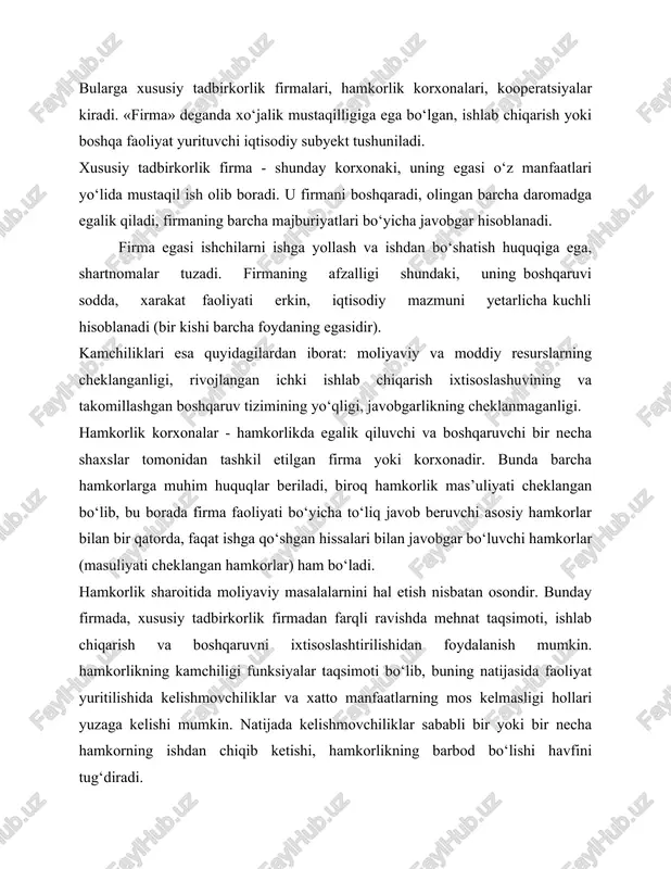 ida shaxslar koorporatsiya mulkdorlari qatoridan joy oladi. shu tariqa jamiyatga ko‘p miqdordagi aholining moliyaviy mablag‘lari jalb qilinadi. aksiya egalari foydaning bir qismini dividend sifatida oladilar, ular faqat aksiya sotib olishda sarflangan mablag‘lari bo‘yicha tavakkal qiladilar. korporatsiya aksiyalar - egalariga bog‘liq holda mavjuddir. shu boisdan korporatsiyalar nisbatan mustaqkam, ishonchli korxona hisoblanadi. korporatsiyaning kamchiliklaridan biri turli suiiste’molchilik harakatlari uchun imkoniyat mavjudligi, shuningdek mayda va o‘rtahol aksiya egalari tomonidan korporatsiya faoliyatini nazorat qilish imkonining yo‘qligidir. amerika qo‘shma shtatlarida kapital tadbirkorlik assotsiatsiya-larida to‘plangan bo‘lib, ularning eng ko‘p tarqalgani tarmoq assotsia-siyalaridir. assotsiatsiyalar kompaniyalarga (alohida biznesmenlarga, korporatsiyalarga, firmalarga) moliyaviy hisobotlar qilishda, budjetni rejalashtirishda yordam ko‘rsatadilar: narx tashkil bo‘lishini o‘rganadi, bozor konyukturasini tekshiradi, tijorat-reklama samaradorligini oshirishning yangi yo‘llarini izlaydi. aqshda franchayzing deb ataluvchi yirik korxonalarining kichik korxonalar bilan imtiyozli hamkorligi keng taraqqiy etgan. franchayzingni asosiy maqsadi kichik biznesni rivojlanishi uchun moliyaviy, moddiy, axborot va ishchi kuchi resurslaridan keng ko‘lamda foydalanishdir.. barcha asosiy ko‘rsatkichlar bo‘yicha yaponiyada jamoa ko‘rinishida …