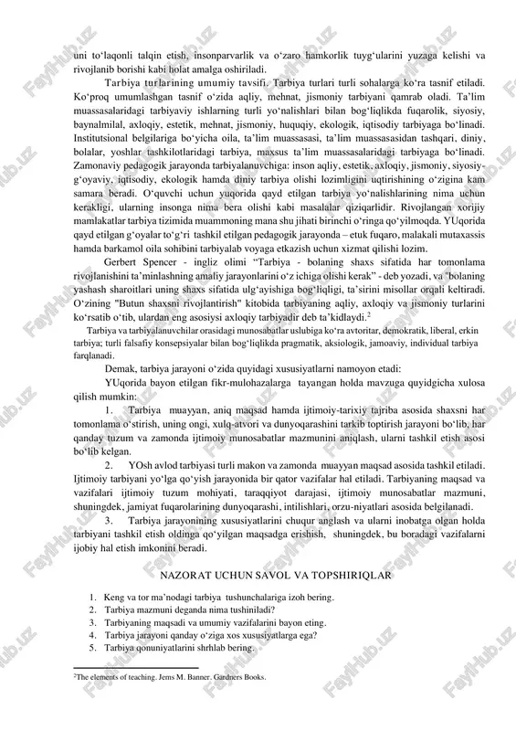 ijtimoiy jamiyat taraqqiyoti, uning rivojlanish yo‘nalishi, ijtimoiy munosabatlar mazmunidan kelib chiqib belgilanadi. bugungi kunda o‘zbekiston respublikasida tashkil etilayotgan tarbiyaning asosiy maqsadi komil shaxsni tarbiyalab voyaga etkazishdan iborat. tarbiya pedagogikadagi asosiy tushunchalardan biri sanaladi. jamiyat va pedagogikaning tarixiy rivoji davomida mazkur kategoriyani tushuntirishga turlicha yondashuvlar yuzaga keldi. eng avvalo, yuqorida keng va tor ma’nodagi tarbiya farqlanadi. keng ma’noda tarbiya shaxsga jamiyatning ta’sir etishi, ijtimoiy hodisa sifatida qaraladi. mazkur holatda tarbiya ijtimoiylashtirish bilan uyg‘unlashadi. tor ma’nodagi tarbiya deganda, pedagogik jarayon sharoitida ta’lim maqsadini amalga oshirish uchun pedagog va tarbiyalanuvchilarning maxsus tashkil etilgan faoliyati tushuniladi. ushbu holatda pedagoglarning tarbiyaviy faoliyati tarbiyaviy ish deb ataladi. tarbiya mazmuni deganda, qo‘yilgan maqsad va vazifalar bilan bog‘liqlikda ta’lim oluvchilarning egallashi lozim bo‘lgan bilim, malaka, e’tiqod, shaxs sifati va xarakteri, xulq-atvor tizimi tushuniladi. tarbiyaning maqsadi - har tomonlama barkamol shaxsni shakllantirish. tarbiyaning umumiy vazifalari: ➢ jamiyat a’zolarining maqsadga yo‘naltirilgan rivojlanishi hamda ularning qator ehtiyojlarini qondirish uchun shart-sharoit yaratish; …