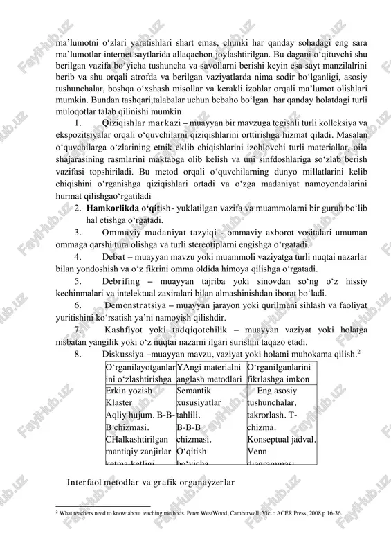 oliyatini nazorat va o‘z-o‘zini nazorat qilish metodlari. o‘qitish metodlari ta’limiy o‘yinlar yoki raqobatchilik – raqobat orqali yoki o‘yin orqali qaysi guruh yoki alohida olingan shaxsning boshqalardan ustunroq ekanligini anglashga yordam beradi. kompyuterli o‘yinlar ham juda mashxurdir. 1. brainstorming – ijodiy fikrlarni to‘plash uchun o‘tkaziladi,bunda ishtirokchilar tanqid va kesatiqlarsiz muayyan muammo yuzasidan o‘z fikrlarini ochiq oydin bayon etadilar va ushbu muammoning echimini izlaydilar. masalan o‘quvchilarga dunyodagi ocharchilik muammosi haqida fikr bildirish vazifa qilib topshirilsa o‘quvchilar o‘z fikr mulohazalarini birin – ketin aytadilar, hamma fikrlar qayd etib olinganidan so‘ng ushbu muammo bilan kurashish usullarining eng maqbul variantlari ko‘rib chiqiladi. 2.case study - case ta’limi turida 1 ta talaba yoki odatda bir guruh talabalar biror sodir bo‘lgan voqea yoki ma’lum vaziyatni tafsilotini namoyish etadilar. keyin ular biror bir aniq va to‘g‘ri fikrga kelishdan oldin, shu vaziyatni muhokama va o‘rganish un yig‘ilgan bilim va tushunchalarni amalda qo‘llashlari talab qilinadi. texnologiya bilan ta’minlangan case ta’limi …