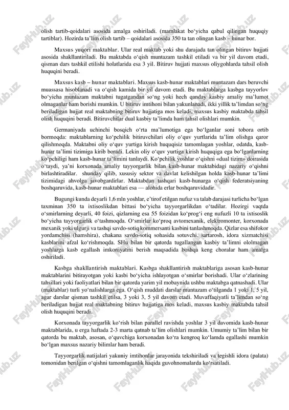 shakliga yo‘naltirish maqsadida kuzatuv olib boriladi. mo‘ljal olish bosqichi. mo‘ljal olish bosqichi asosan 5 va 6 sinflardan xulosa yasalib, o‘quvchilarning keyingi maktab bosqichlariga o‘tishida mo‘ljal olishga xizmat qiladi. bu bosqich maktab shaklidan kelib chiqib, maktabga tobe yoki tobe bo‘lmagan tarzda amalga oshiriladi. asosiy maktablar. asosiy maktablarga boshlang‘ich maktablardan keyin chuqurlashtirilgan maktablarga bormaydigan bolalar borishlari shart. asosiy maktab 9, ba’zi federal erlarda 10 sinf bilan yakunlanadi. federal erlarning aksariyatida ixtiyoriy 10 sinf bosqichi mavjud. ushbu maktab o‘quvchilarining 30%i 10 sinfga qatnaydi. asosiy maktab amaliy kasbiy ta’limga asos bo‘ladigan umumiy bilimlarni beradi. bolalarning ko‘pchilik qismi boshlang‘ich maktabdan so‘ng asosiy maktabga o‘tishadi. ushbu maktabdagi har bir o‘quvchi olmon tili, matematika, tabiiy fanlar, jamiyatshunoslik va chet tili (asosan ingliz tili) fanlarini o‘qiydi, bu erda o‘quvchilarning kelajakda mutaxassislik egallashlarini engillashtirish maqsadida mehnat darslari ham olib boriladi. asosiy maktab o‘quvchilarga zarur bo‘lgan umumiy ta’limni beradi. 5 yoki 6 yillik ta’limdan so‘ng asosiy maktab bitiruvchilarining ko‘pchiligi kasb-hunar …